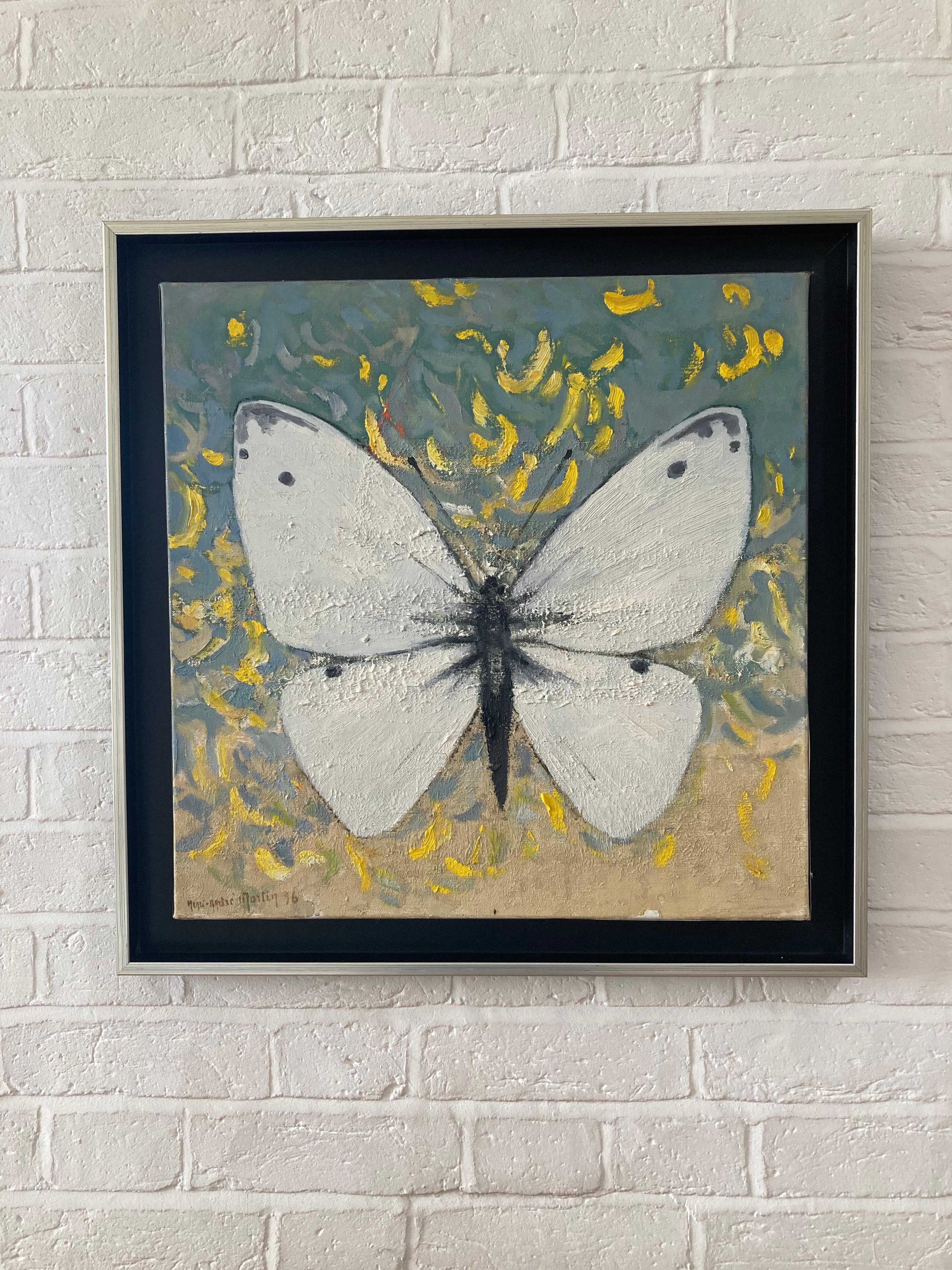 An incredibly striking image of a white butterfly set against a background of yellow petals. Painted with great energy and with a most appealing texture to the paint surface. This looks stunning against a white wall.

Henri-André Martin