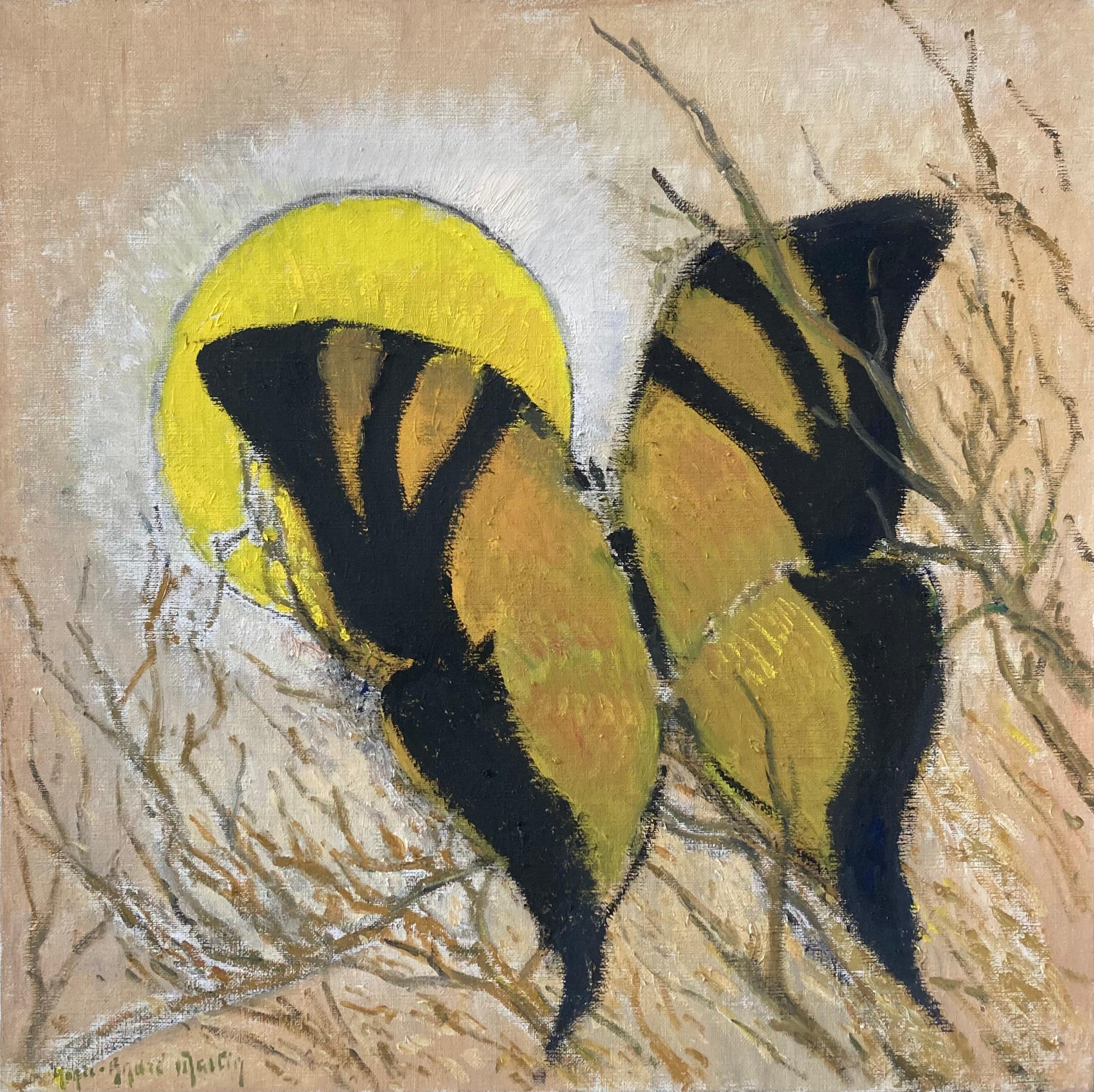 Une image incroyablement frappante d'un papillon noir et jaune. Peint avec beaucoup d'énergie et de style. Whiting est superbe sur un mur blanc.

Henri-André Martin (1918-2004)
Un papillon de type queue d'hirondelle
Signé 
Huile sur toile
23½ x 23½
