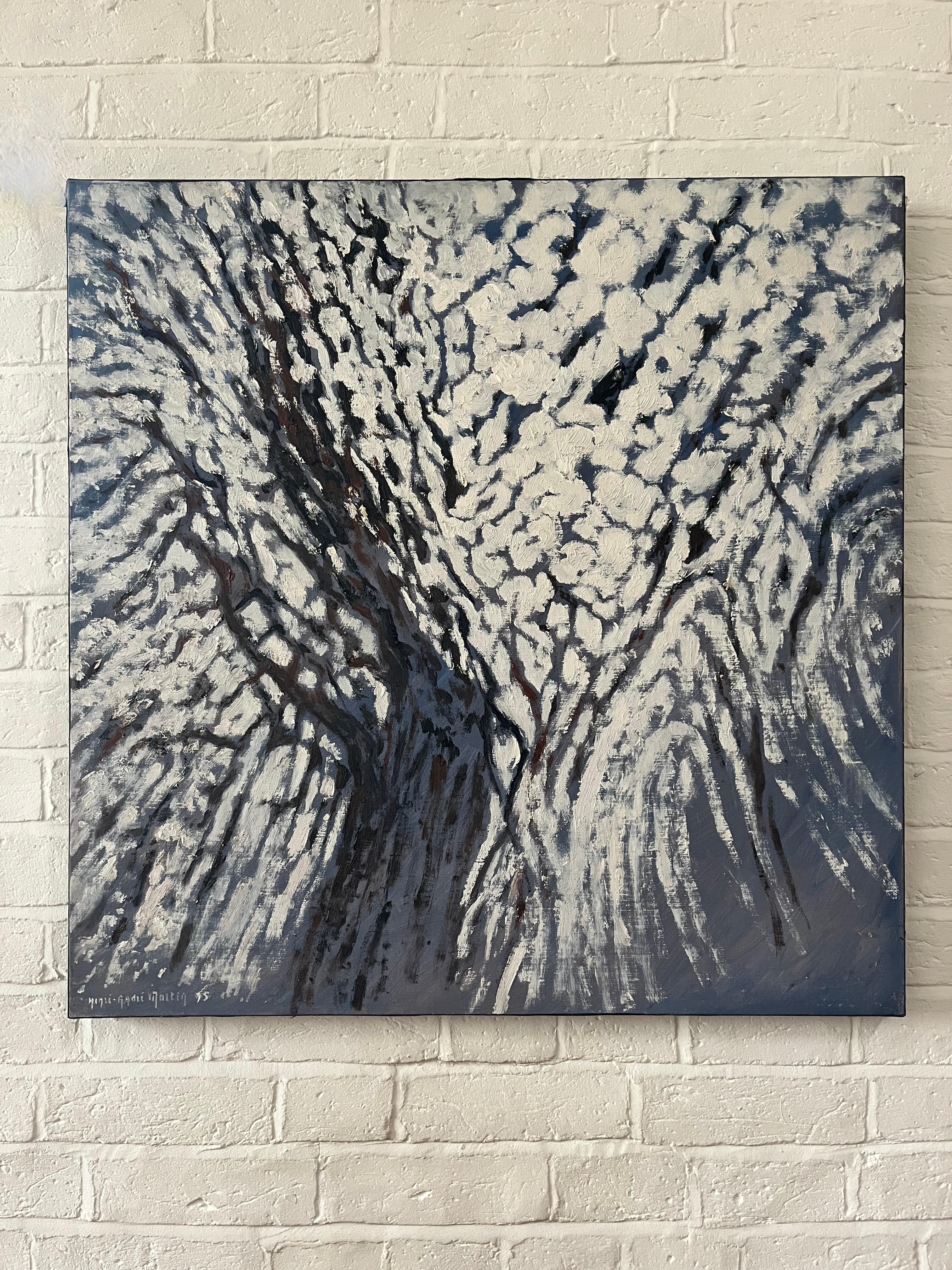 An incredibly striking image of an almond tree in flower, the canopy of the tree dominating the whole picture space which gives an abstracted quality to the image,  Painted with great energy and with a most appealing texture to the paint