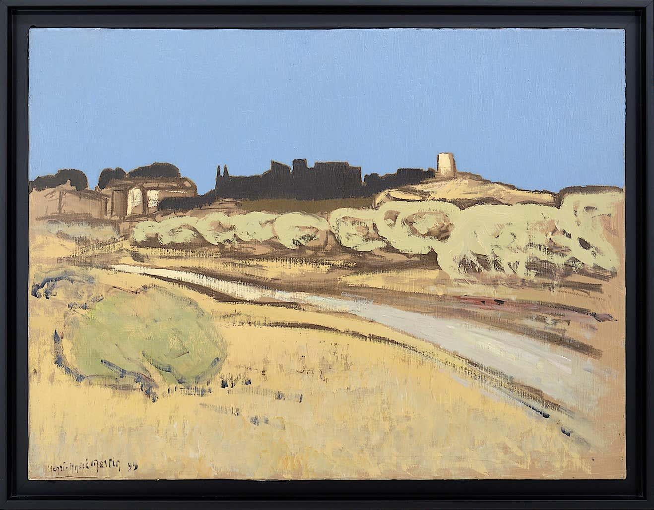 Oil on canvas by Henri-André Martin (1918-2004), France, 1999. Road in Eygalieres, Alpilles, Provence. With frame: 52x67 cm - 20.5x26.4 inches. Without frame: 46x61cm - 18.1x24 inches. Format 12P. Signed and dated lower left "Henri-André Martin 99"
