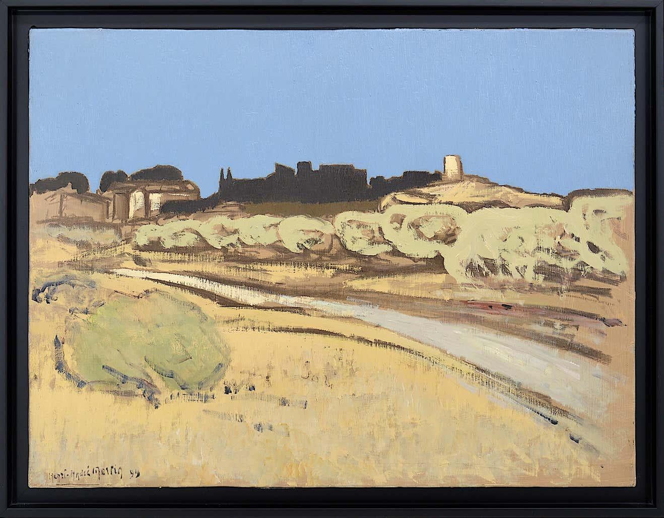 Óleo sobre lienzo de Henri-André Martin (1918-2004), Francia, 1999. Carretera en Eygalieres, Alpilles, Provenza. Con marco: 52x67 cm - 20,5x26,4 pulgadas. Sin marco: 46x61cm - 18,1x24 pulgadas. Formato 12P. Firmado y fechado abajo a la izquierda