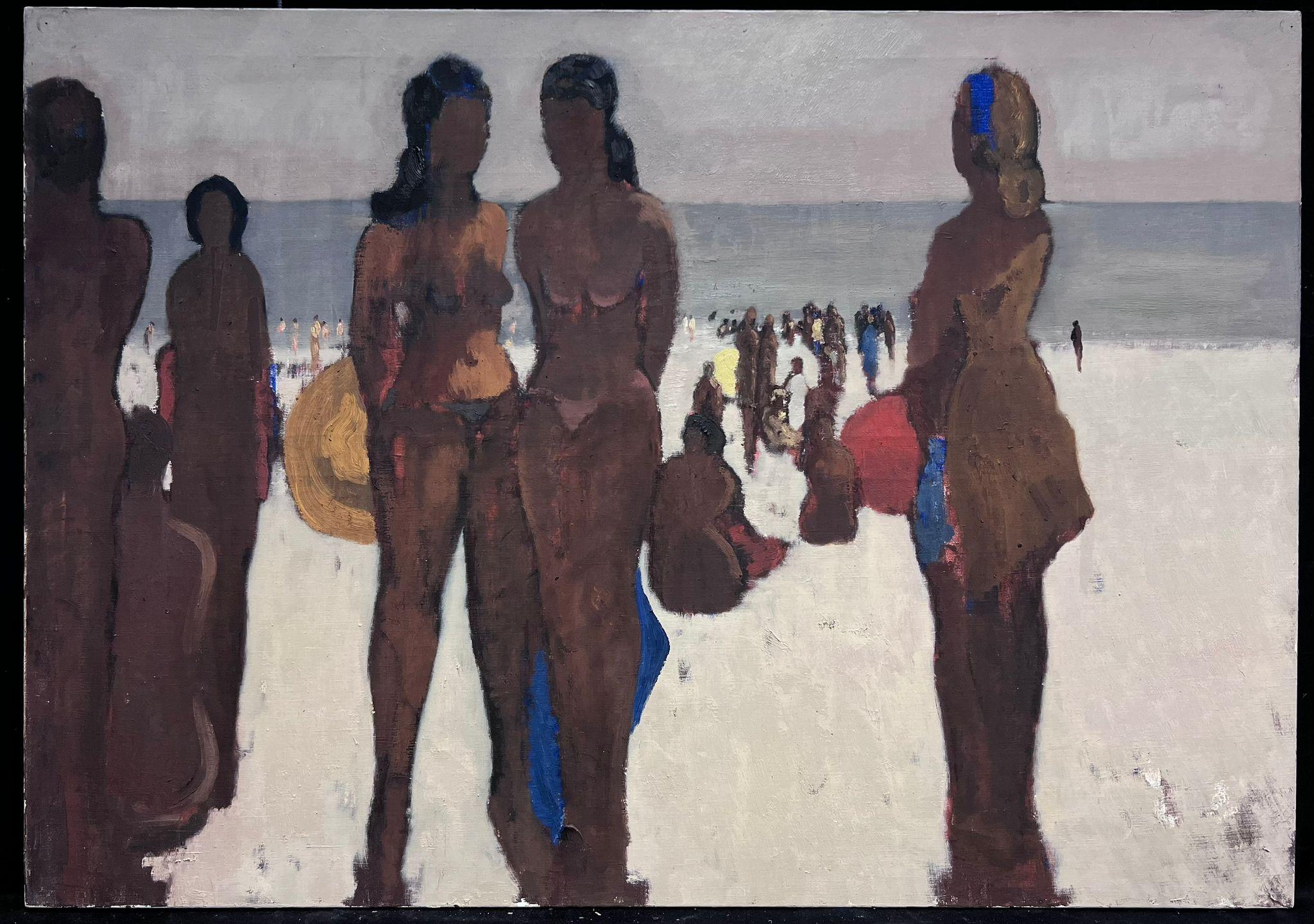 Grande dipinto a olio modernista francese del XX secolo con figure che prendono il sole sulla spiaggia - Painting di Henri-André Martin