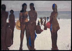 Großes französisches modernistisches Ölgemälde des 20. Jahrhunderts, Sonnenbadenfiguren am Strand, Ölgemälde