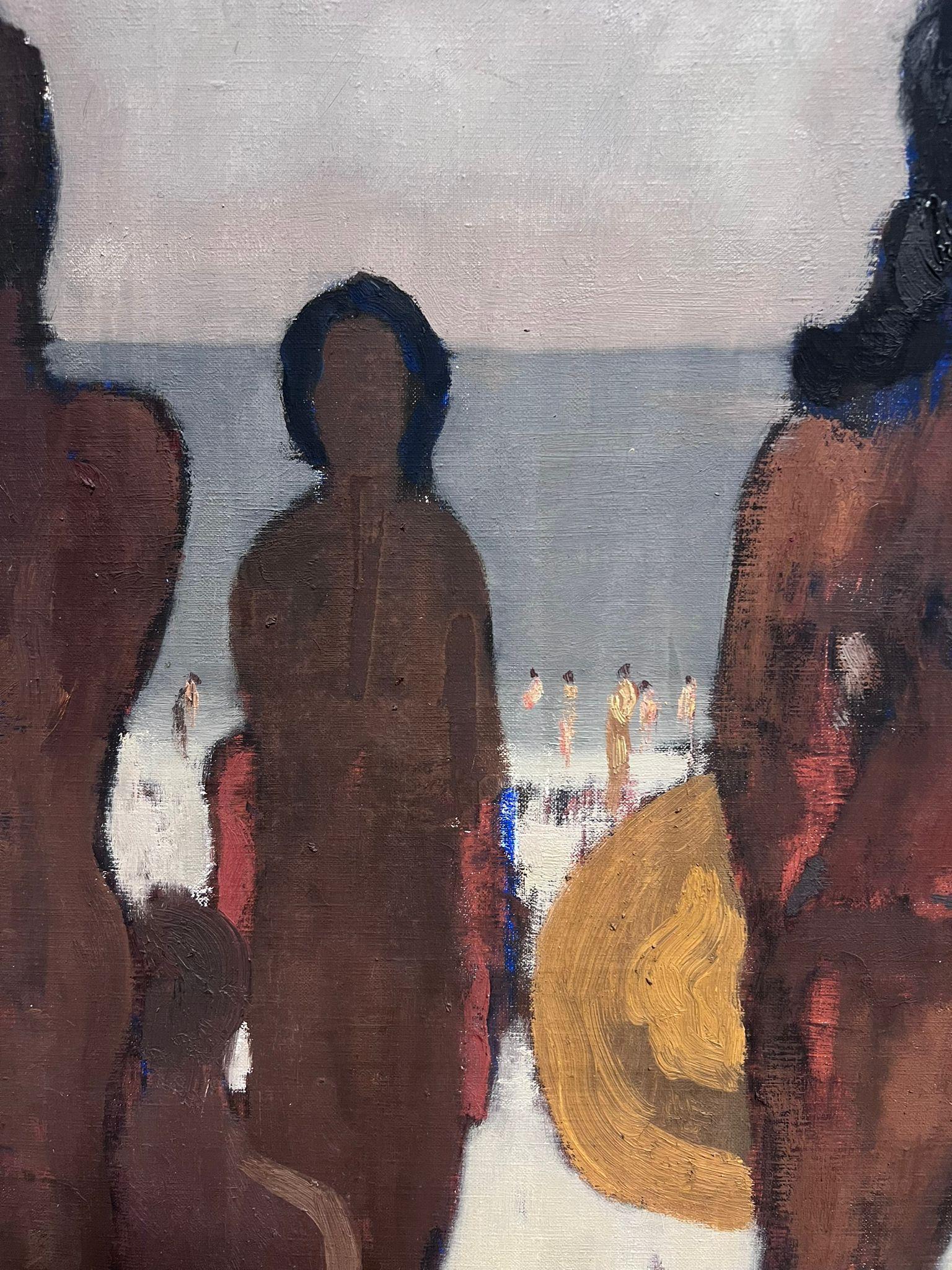 Grande dipinto a olio modernista francese del XX secolo con figure che prendono il sole sulla spiaggia - Painting Impressionismo di Henri-André Martin
