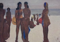 Large 20th Century French Modernist Oil Painting Sunbathing Figures on Beach