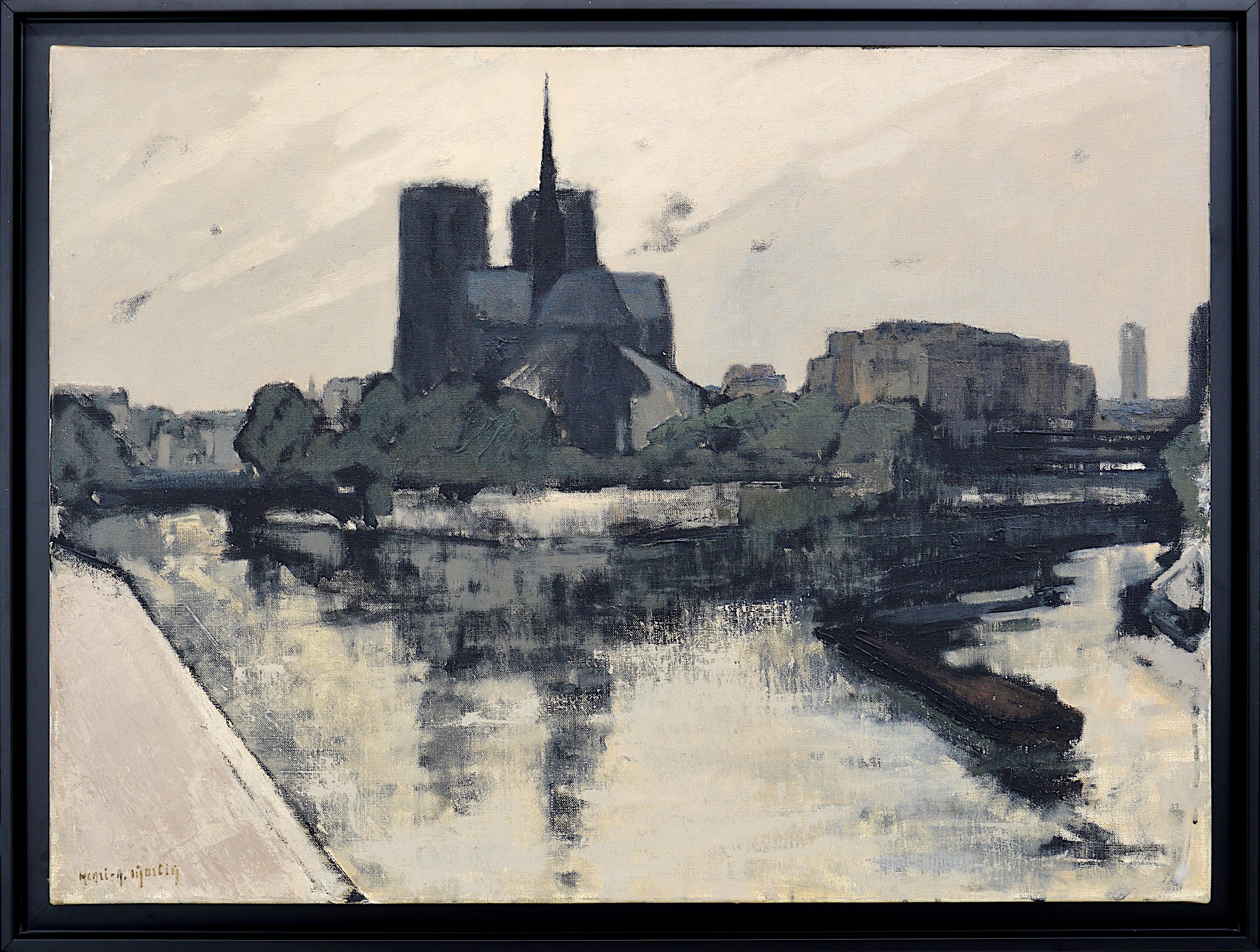 Óleo sobre lienzo de Henri-André Martin (1918-2004), Francia, hacia 1960. Notre-Dame de París. Con marco: 79,3x 60,3 cm - 31,2x23,7 pulgadas. Sin marco: 54x 73 cm - 21,3x28,7 pulgadas. Formato 20P. Firmado abajo a la izquierda "Henri A. Martin" (ver