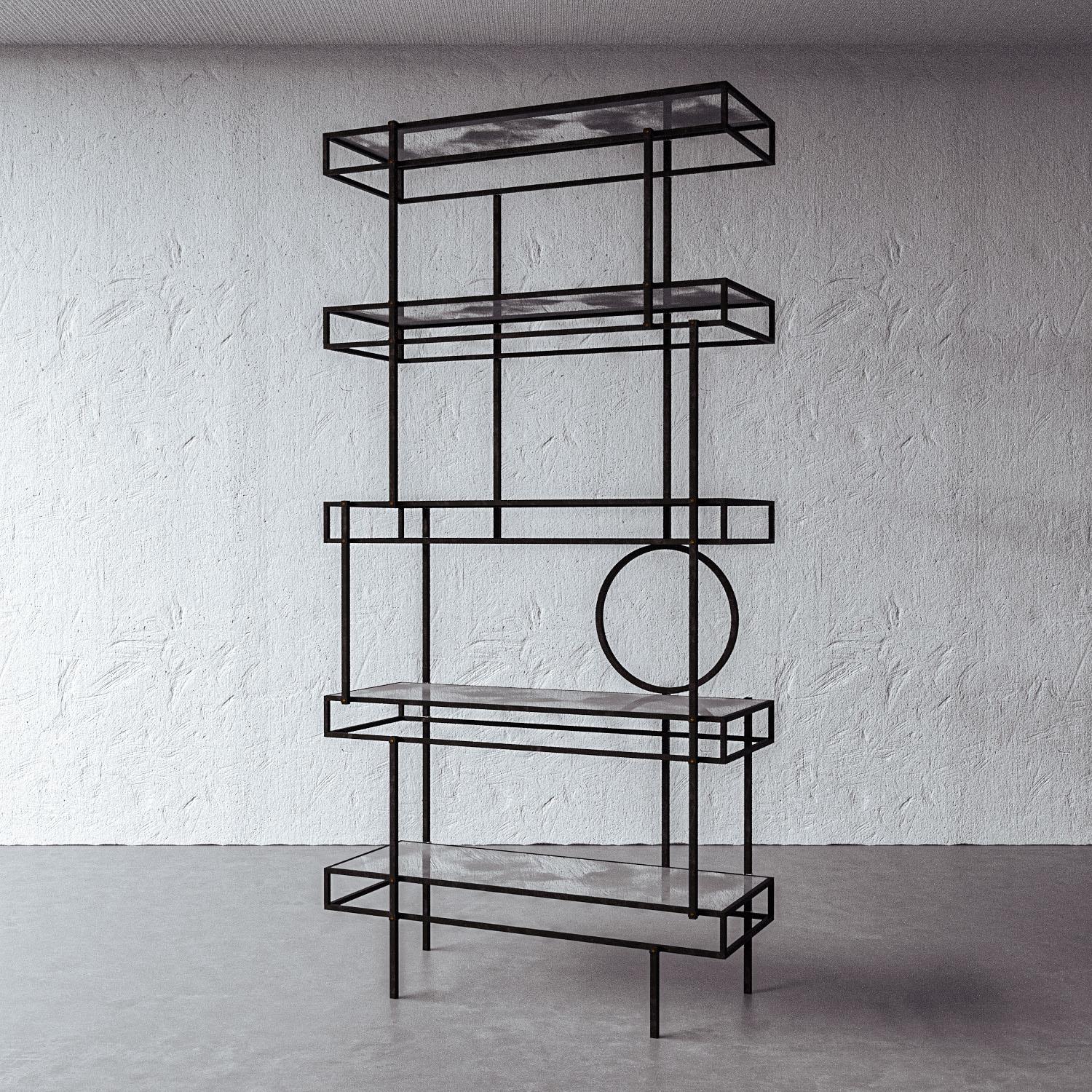 The open design of this etagere makes a beautiful storage option for art, books, and more. Antique bronze metal with brass accents references French design in the 1940s. Handmade by artisans in Vietnam, this Modular piece stands boldly on its own or