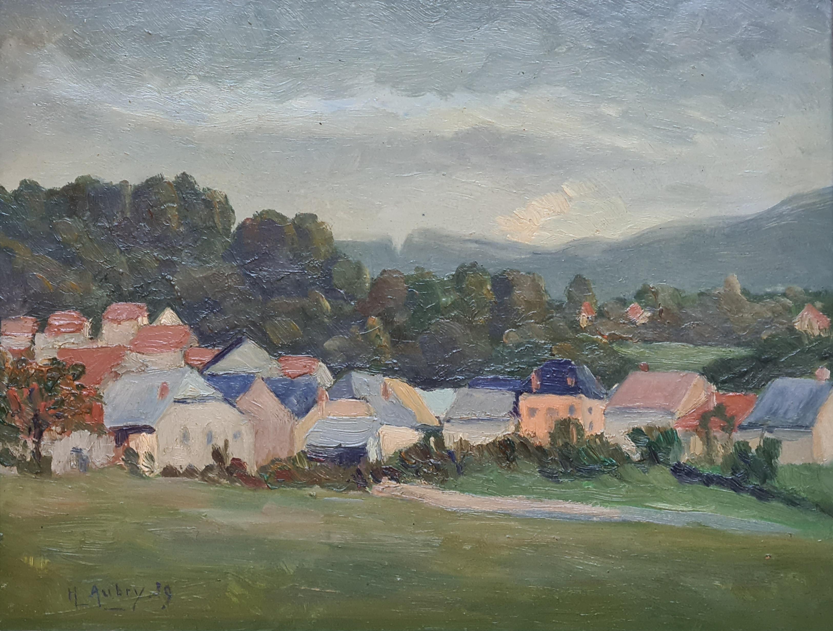 Coqs colorés, Village français, Lompnes, Ain - Painting de Henri Aubry