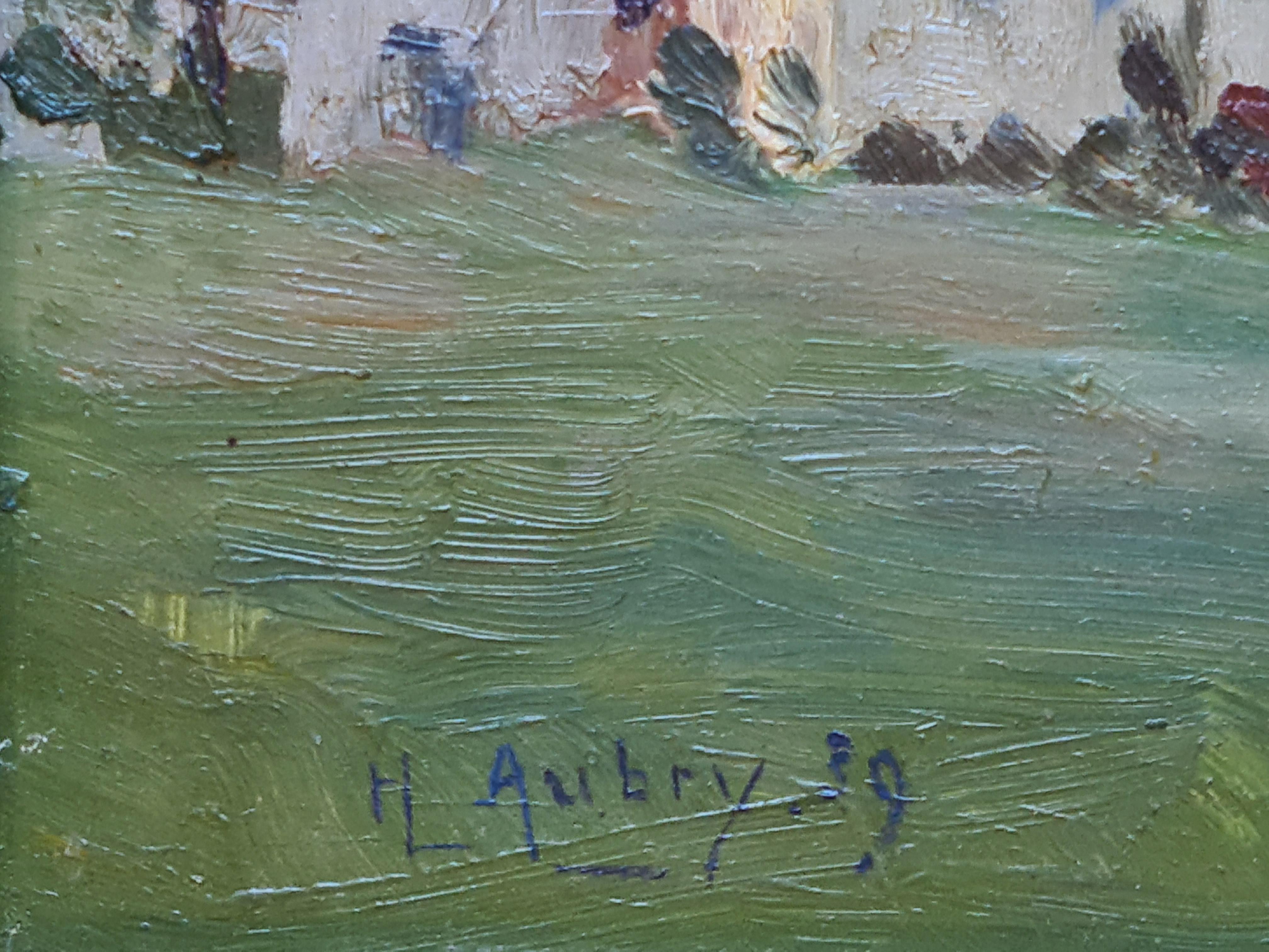 Coqs colorés, Village français, Lompnes, Ain - Impressionnisme Painting par Henri Aubry