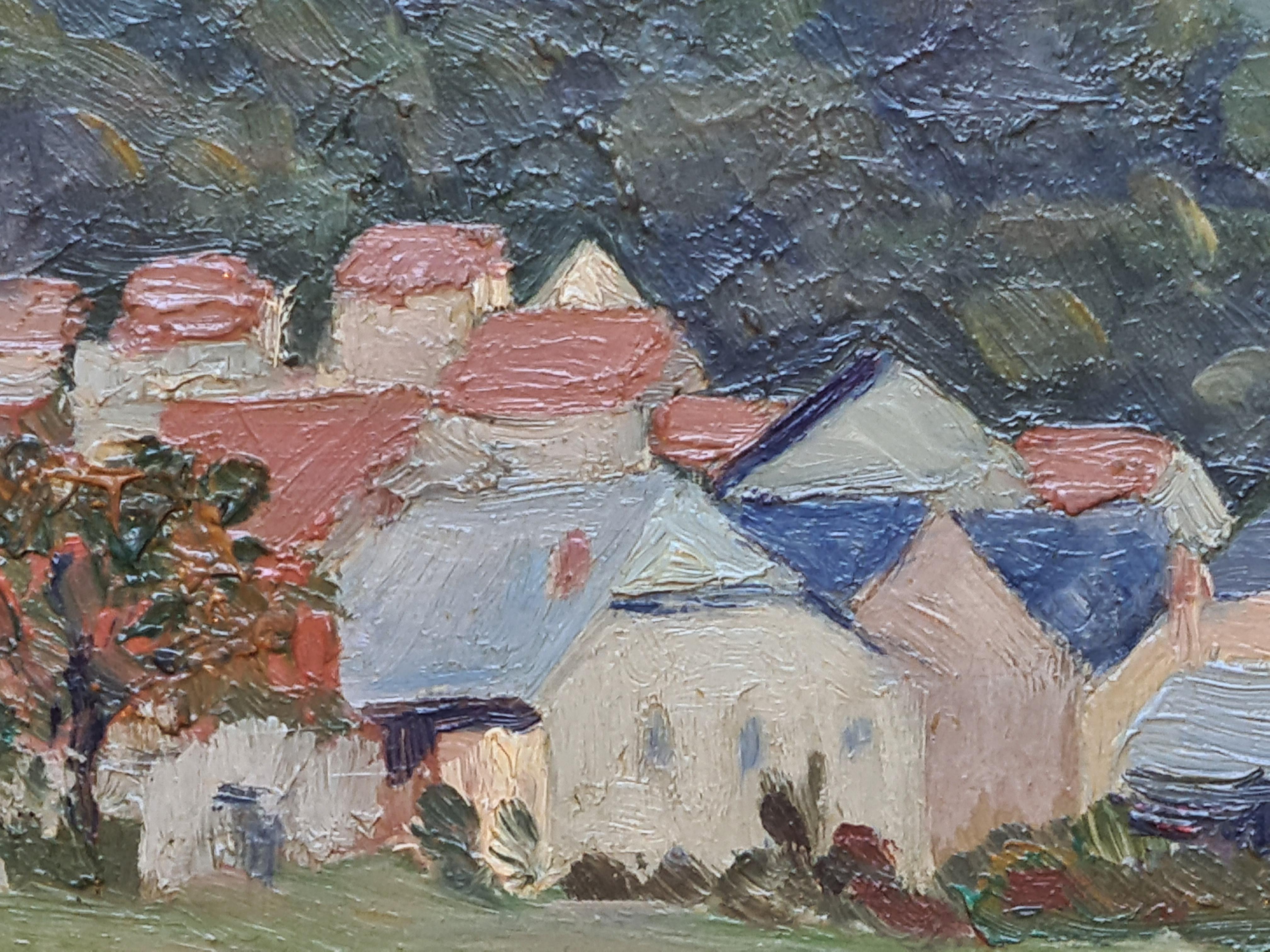 Huile sur panneau du milieu du siècle représentant le village de Lompnes par H Aubry. Signé en bas à gauche et daté, 1939. Le tableau se trouve sur un panneau en bois fin et chanfreiné, avec une étiquette de localisation au dos. Pr�ésenté dans un