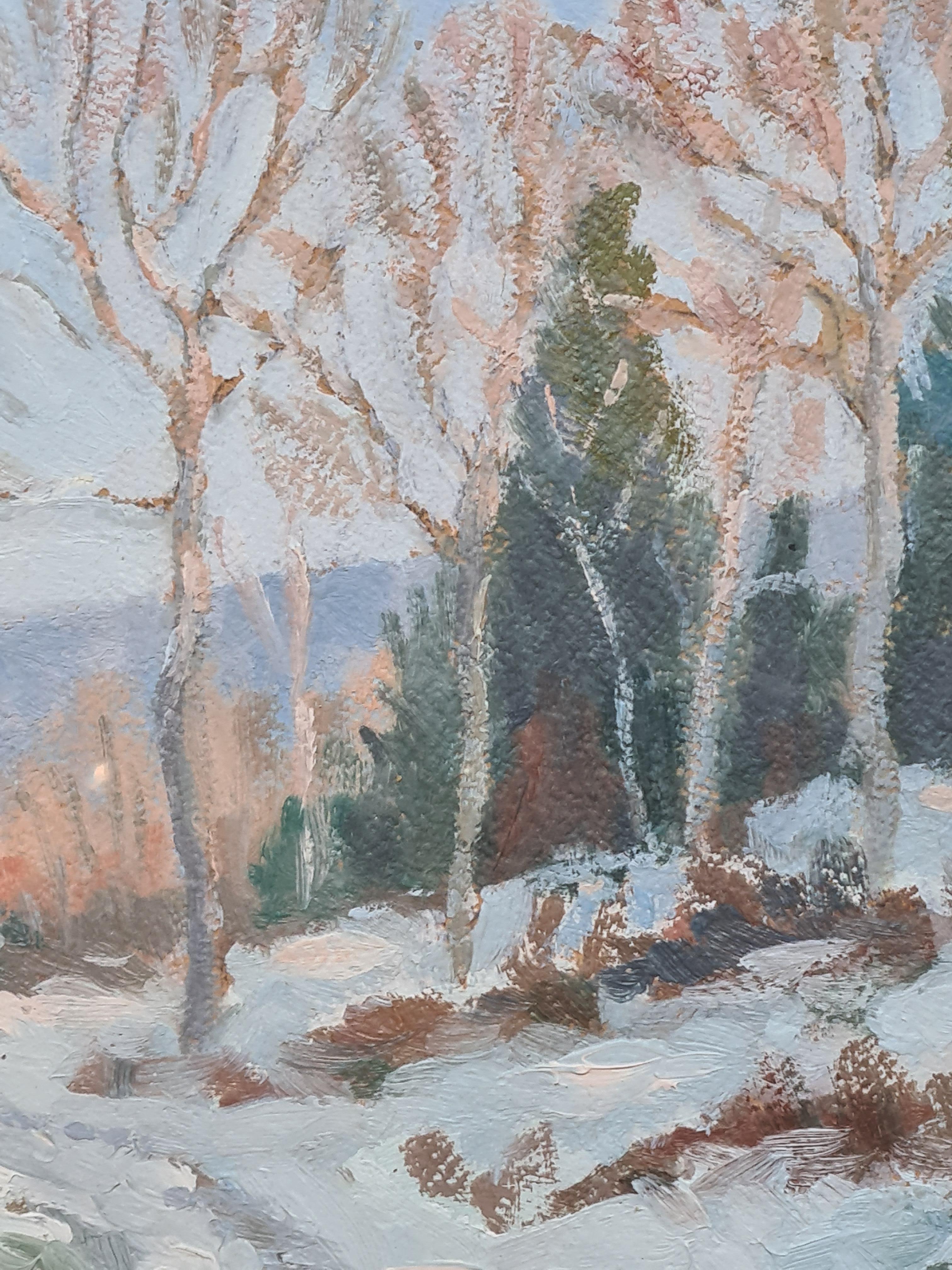 Paysage Enneigé, Snow Scene, French Mid Century Landscape - Impressionist Painting by Henri Aubry