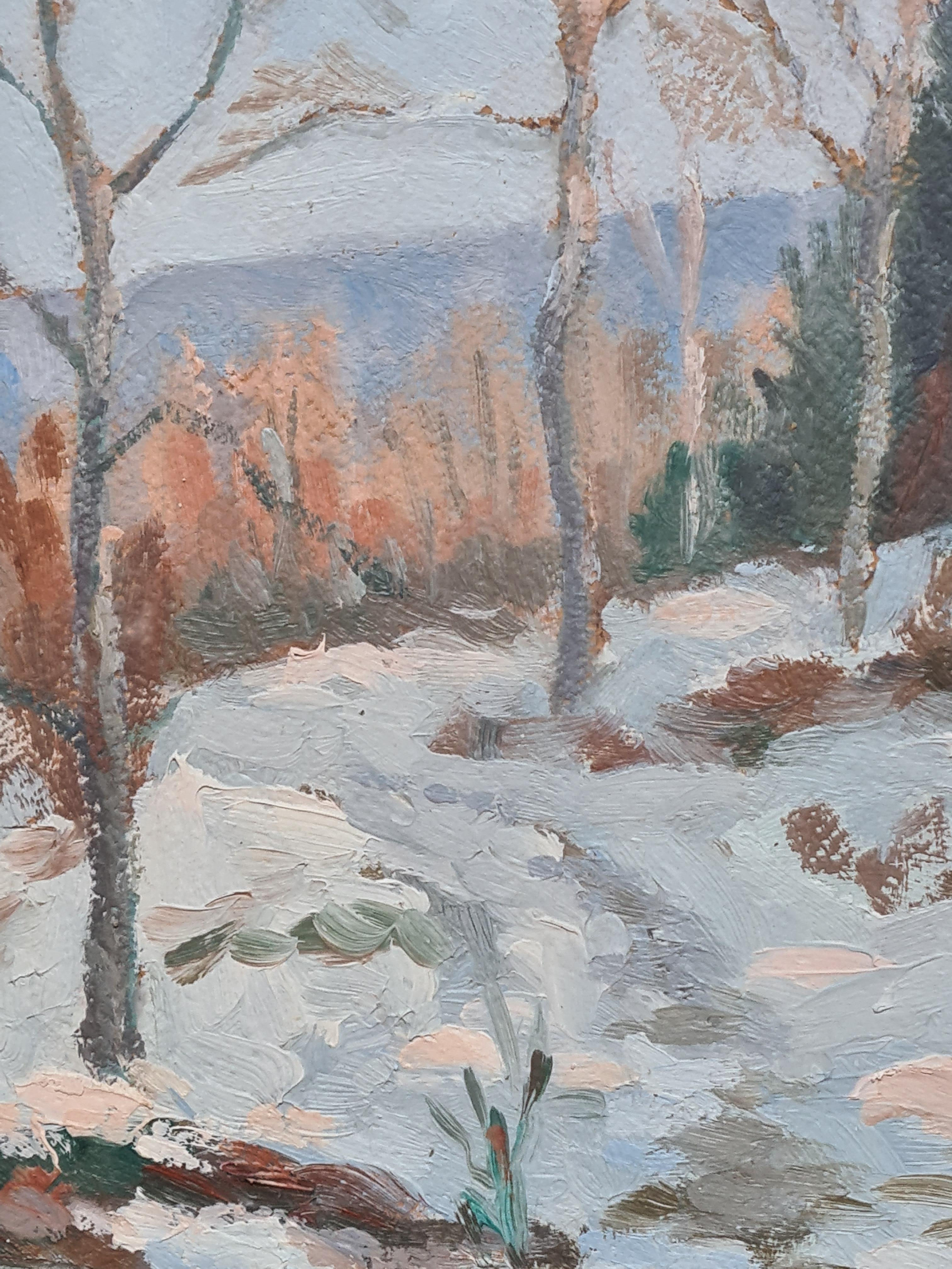 Paysage Enneigé, Snow Scene, French Mid Century Landscape - Gray Landscape Painting by Henri Aubry