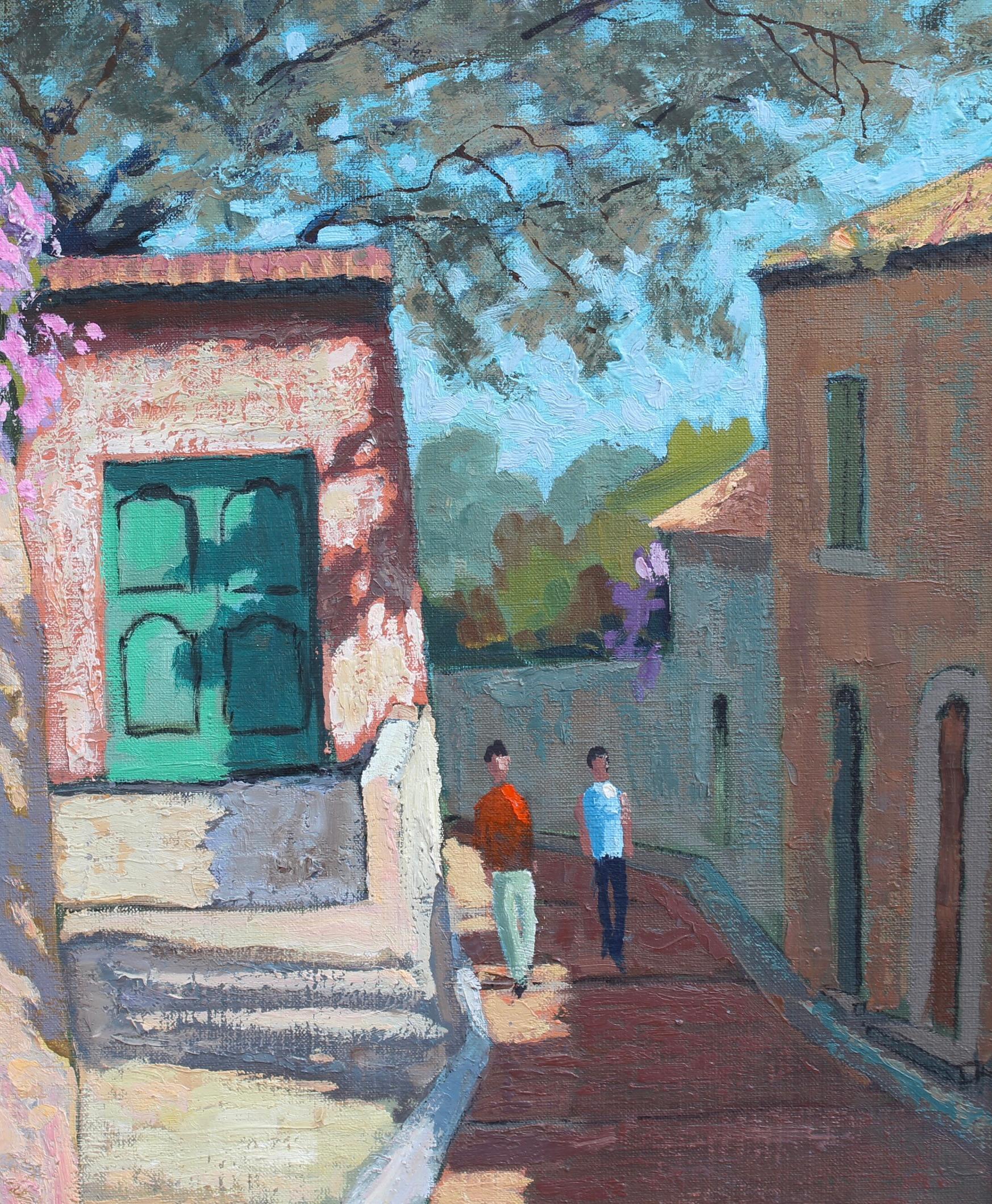 The Walk in Roquebrune' par Henri Auchere Peinture à l'huile française d'époque 13