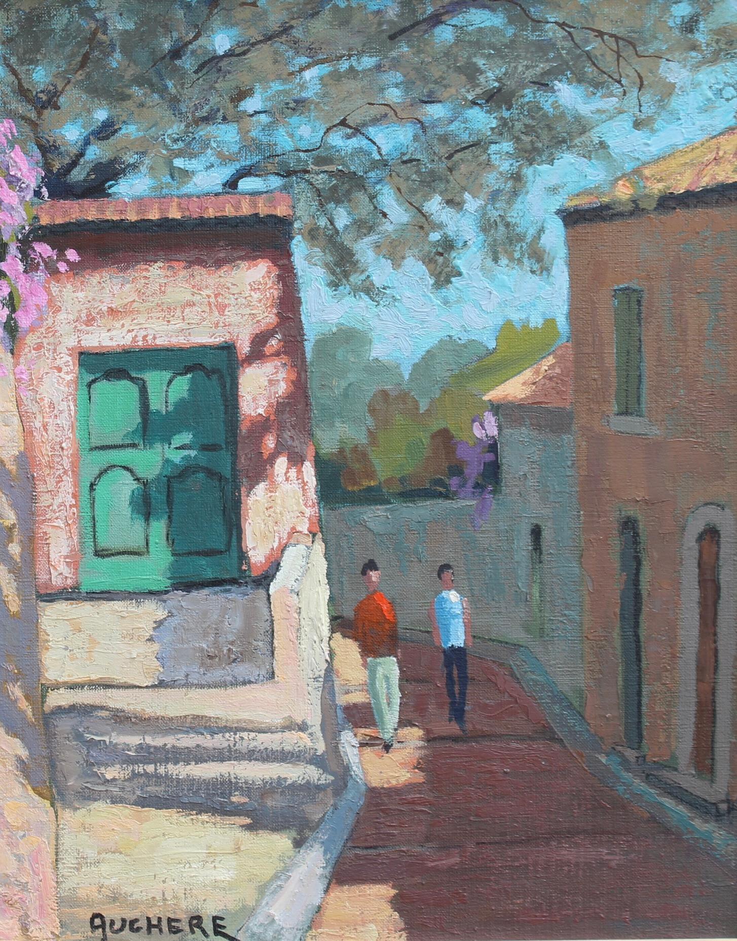 La promenade à Roquebrune, huile sur toile, par Henri Auchere (vers les années 1980). Les œuvres d'Auchere, expressionniste dont l'interprétation de la lumière et de la couleur est extraordinairement agréable, apportent à la fois sourire et joie à