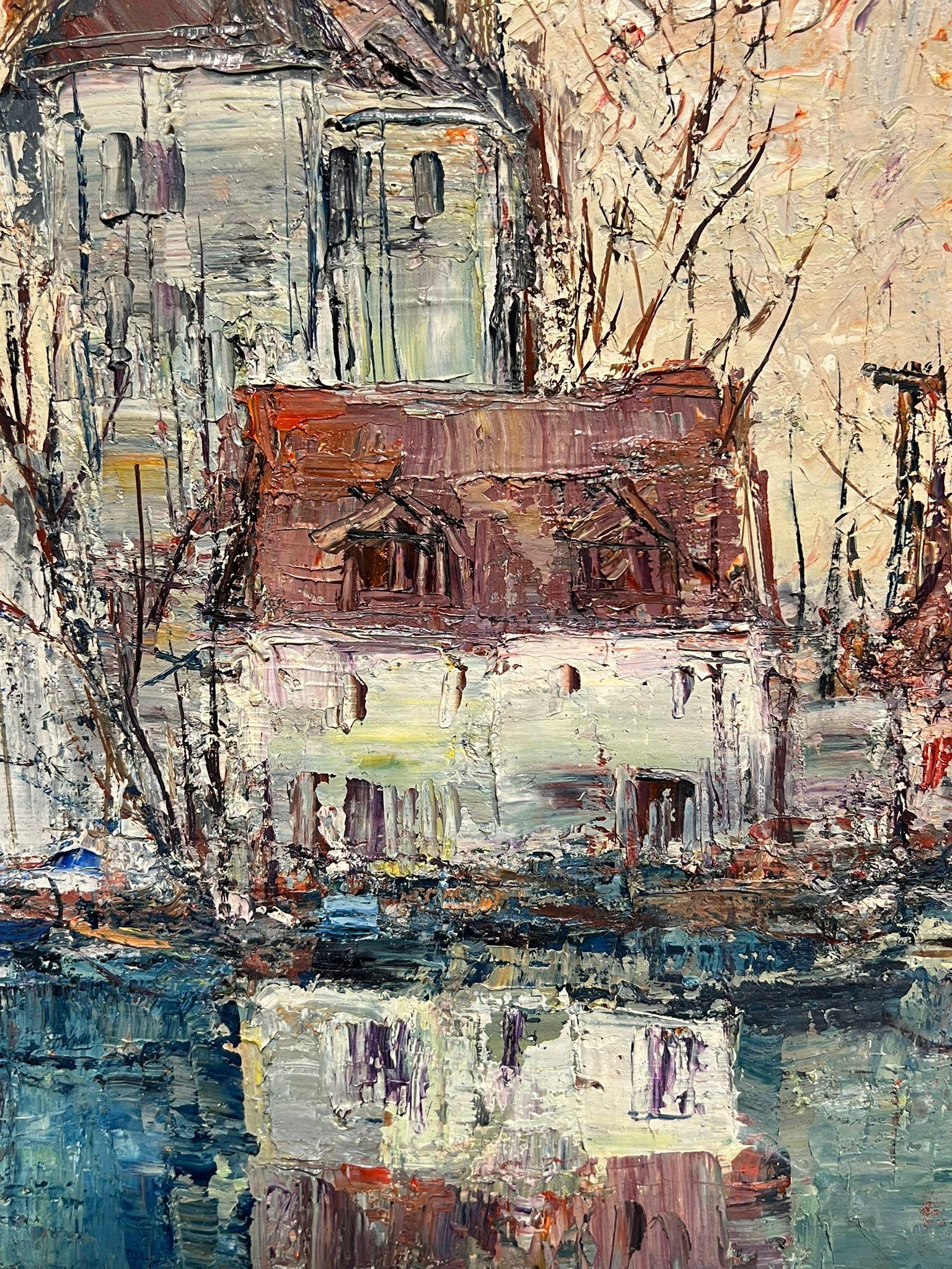 Honfleur Harbor Scene Mid-Century Modernist French Oil Painting Thickly Painted For Sale 7