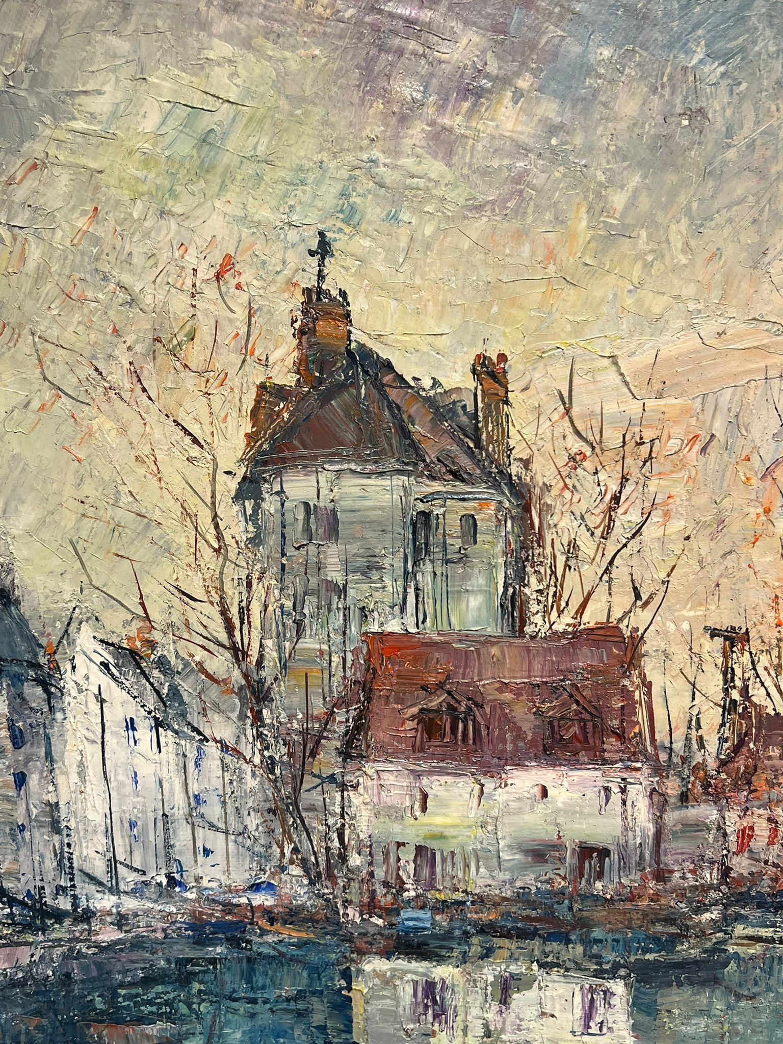 Honfleur Harbor Scene Mid-Century Modernist French Oil Painting Thickly Painted For Sale 8