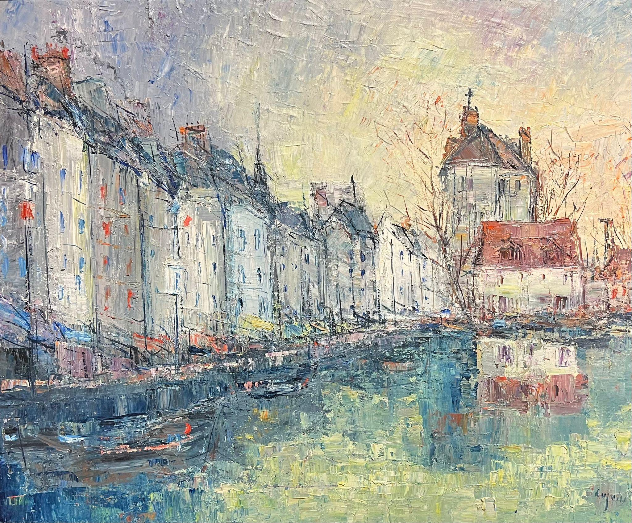Honfleur Harbor Scene Mid-Century Modernist French Oil Painting Thickly Painted - Gray Landscape Painting by Henri Auguin