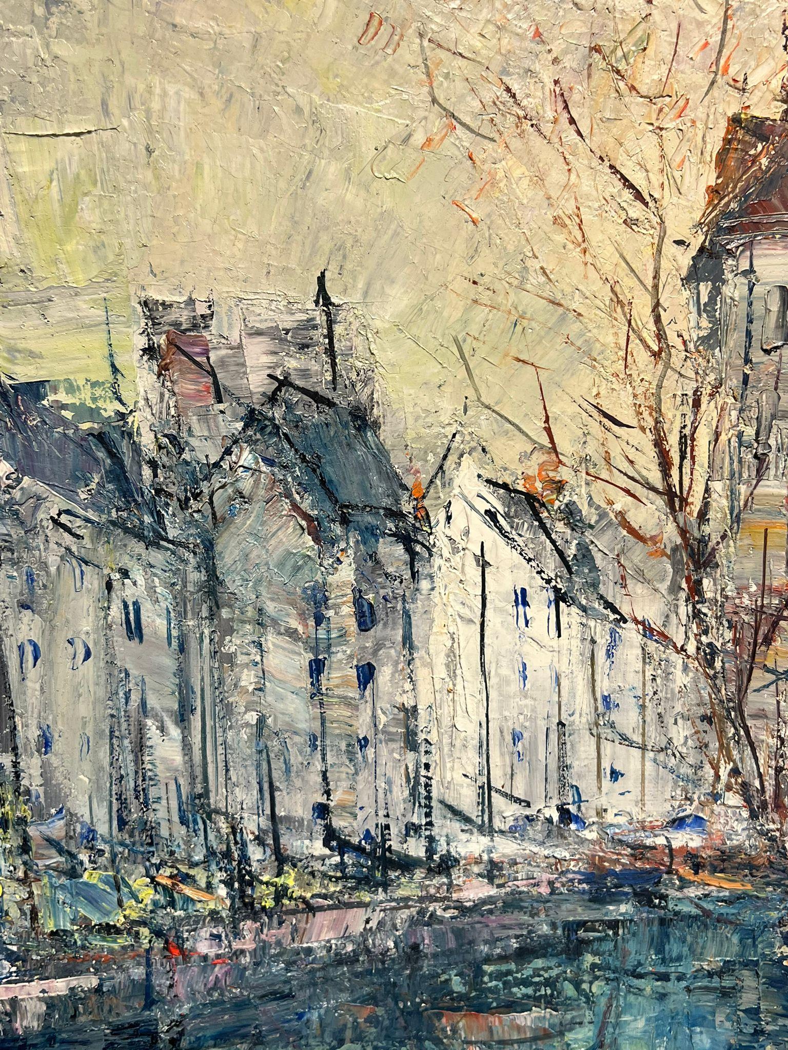 Honfleur Harbor Scene Mid-Century Modernist French Oil Painting Thickly Painted For Sale 4