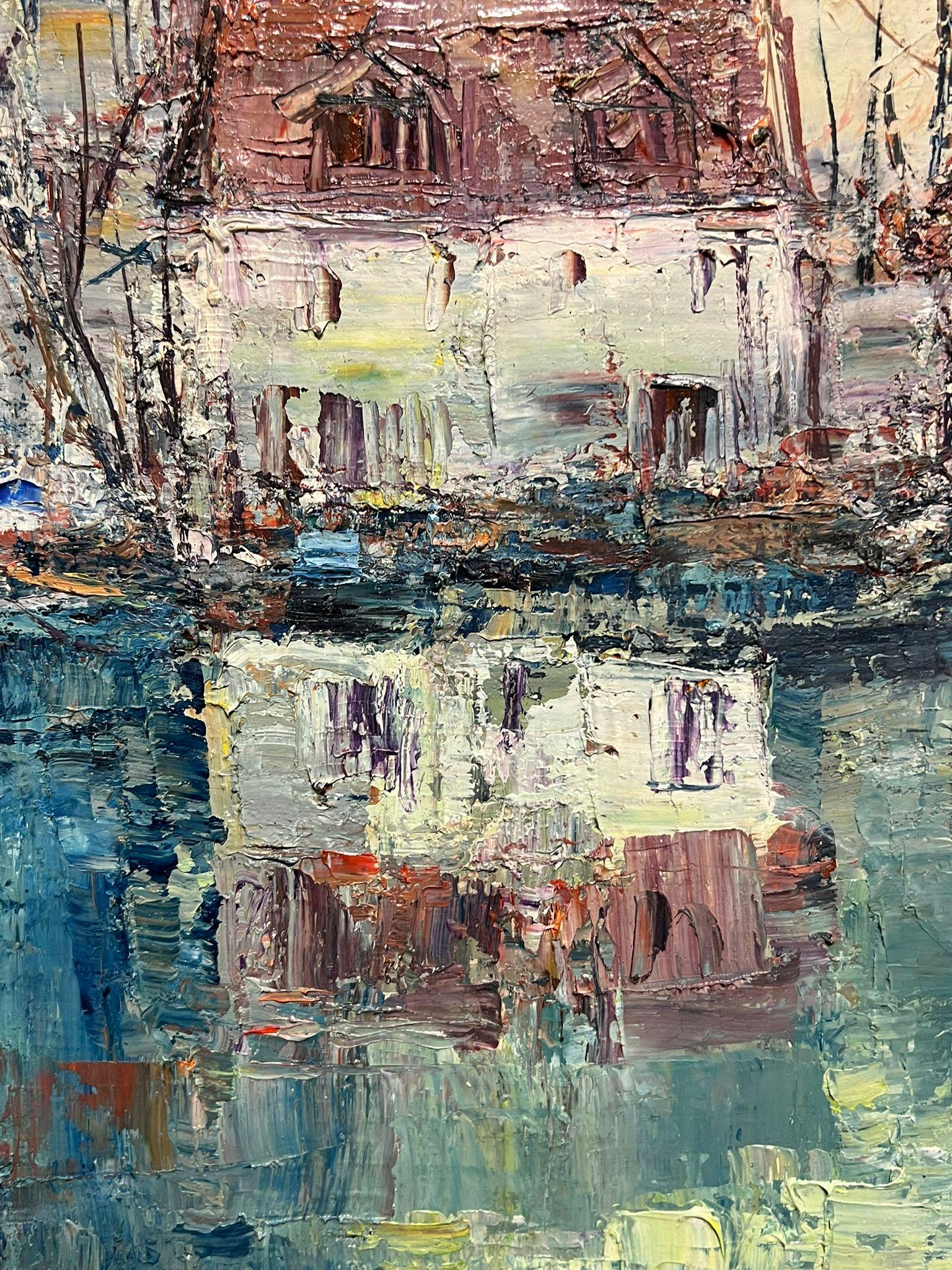Honfleur Harbor Scene Mid-Century Modernist French Oil Painting Thickly Painted For Sale 6