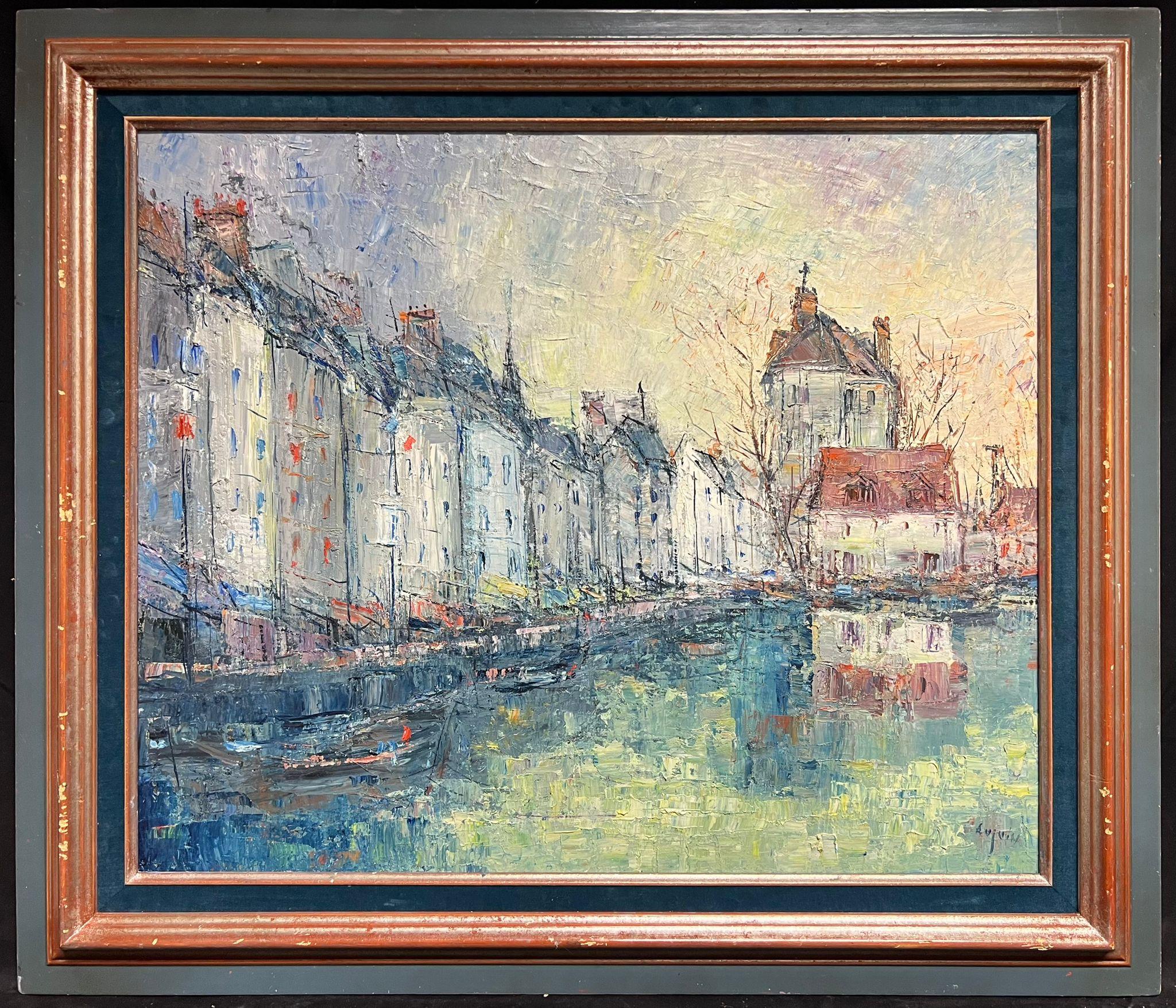 Henri Auguin Landscape Painting - Honfleur Harbor Scene Mid-Century Modernist French Oil Painting Thickly Painted