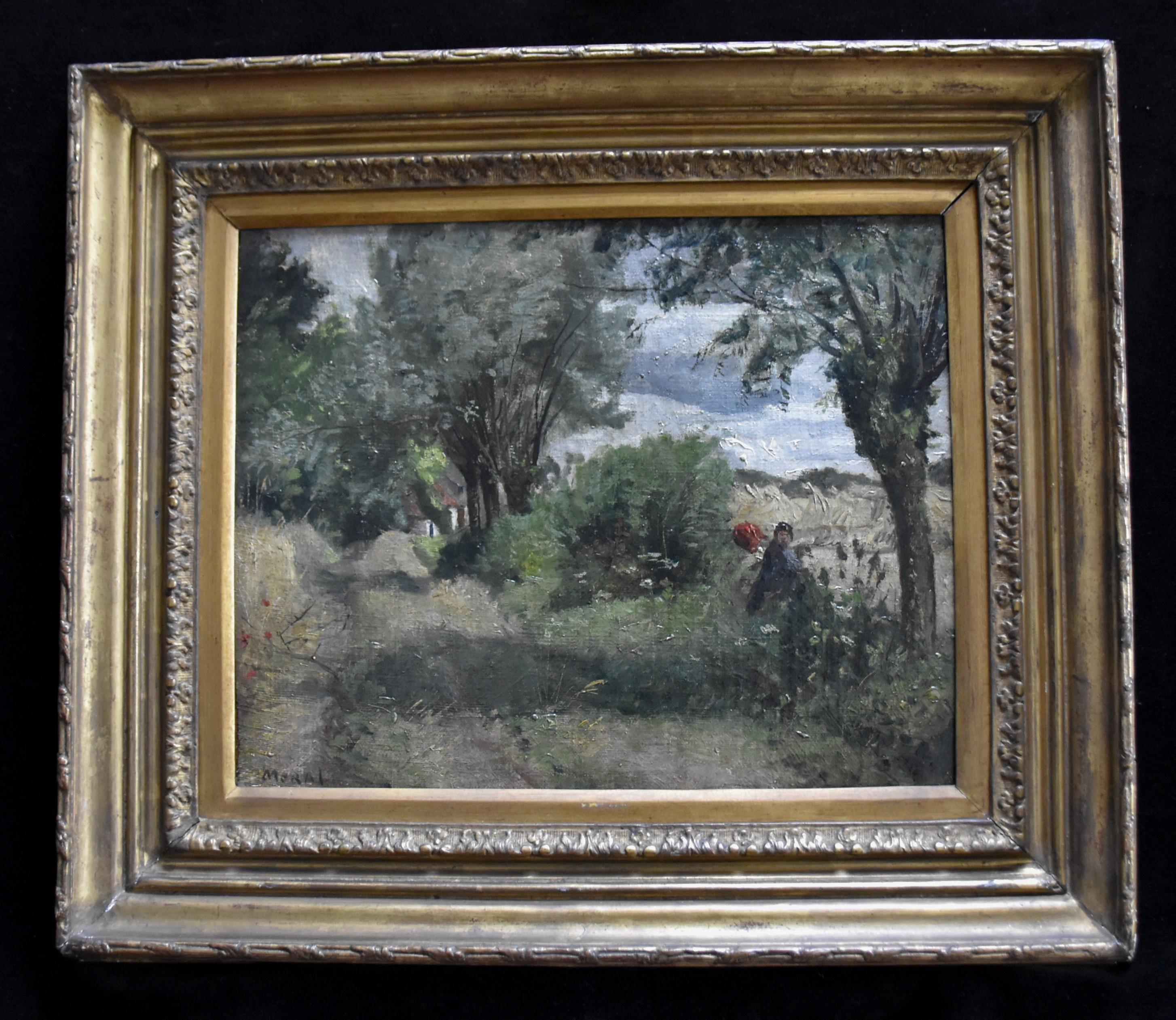 Henri Auguste Alban Moral (1840-1889) Paesaggio con vagabondo, olio firmato 1