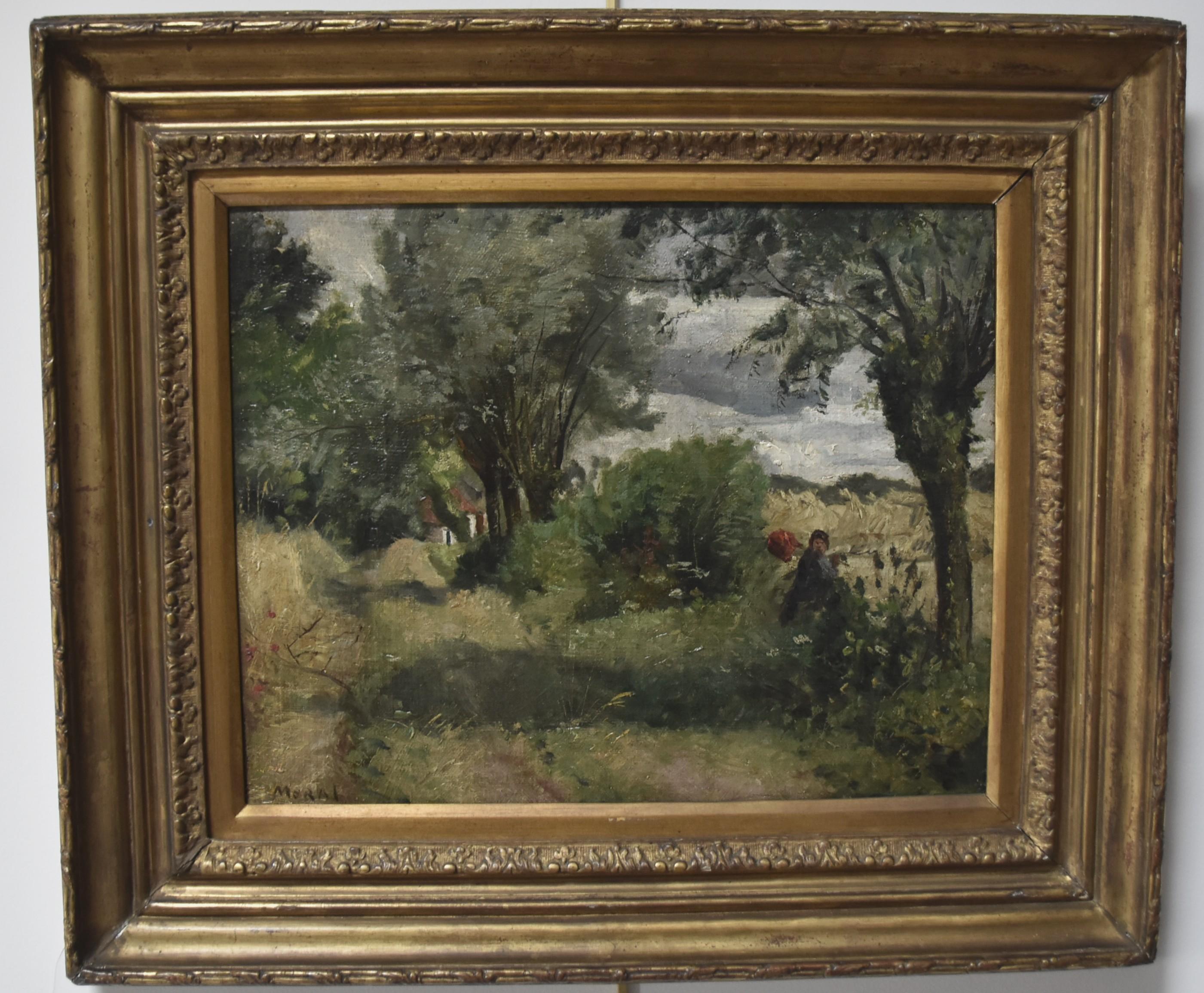 Henri Auguste Alban Moral (1840-1889) Paesaggio con vagabondo, olio firmato 4