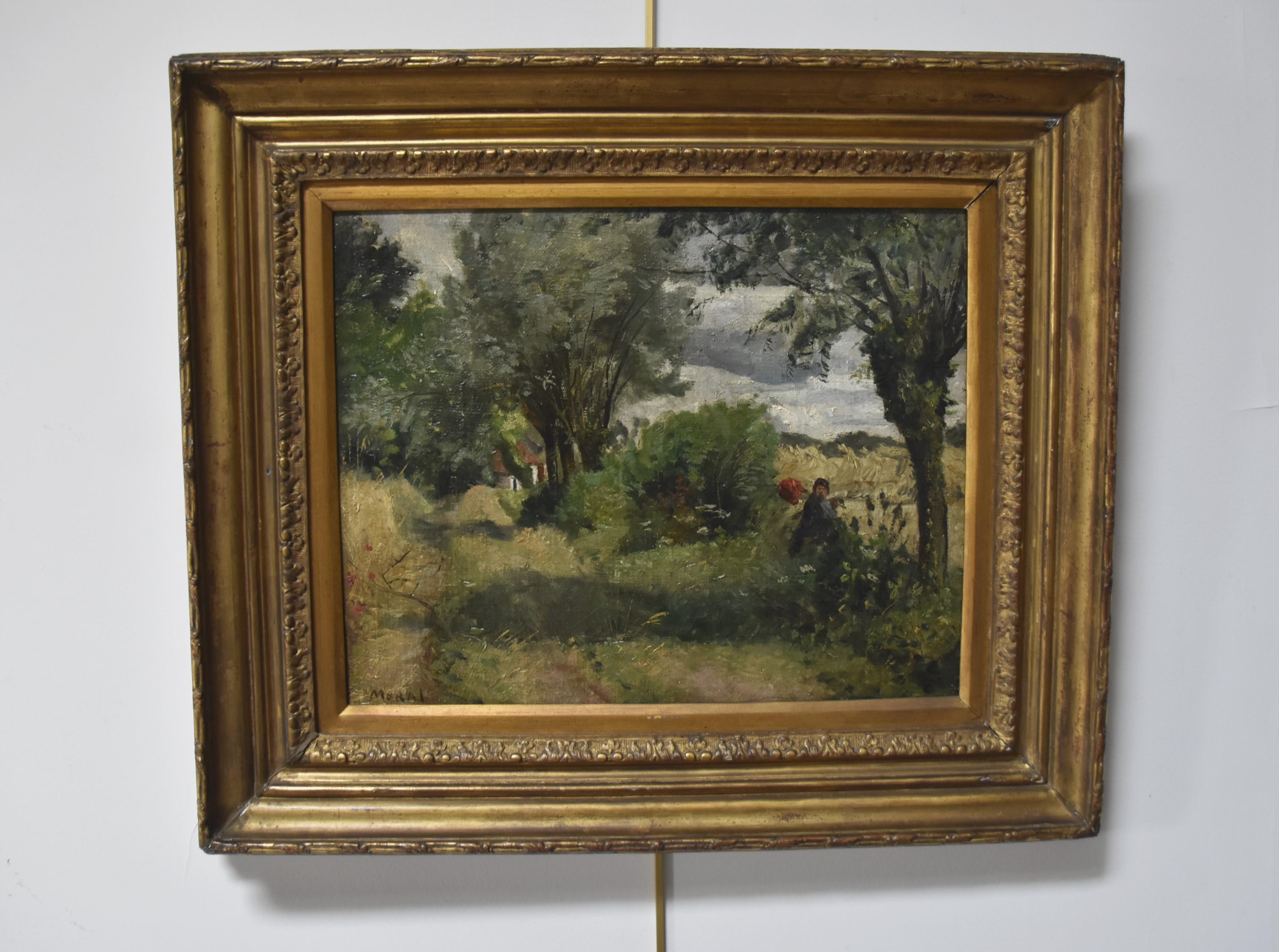 Henri Auguste Alban Moral (1840-1889) Paesaggio con vagabondo, olio firmato 8
