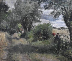 Henri Auguste Alban Moral (1840-1889) A landscape with a wanderer, signed oil 