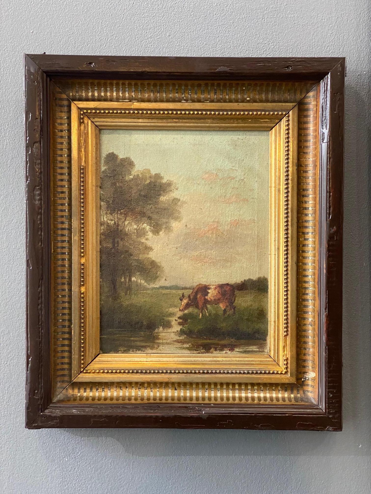 Cow in a field att. to Henri Baes - Oil on canvas 24x31 cm For Sale 3