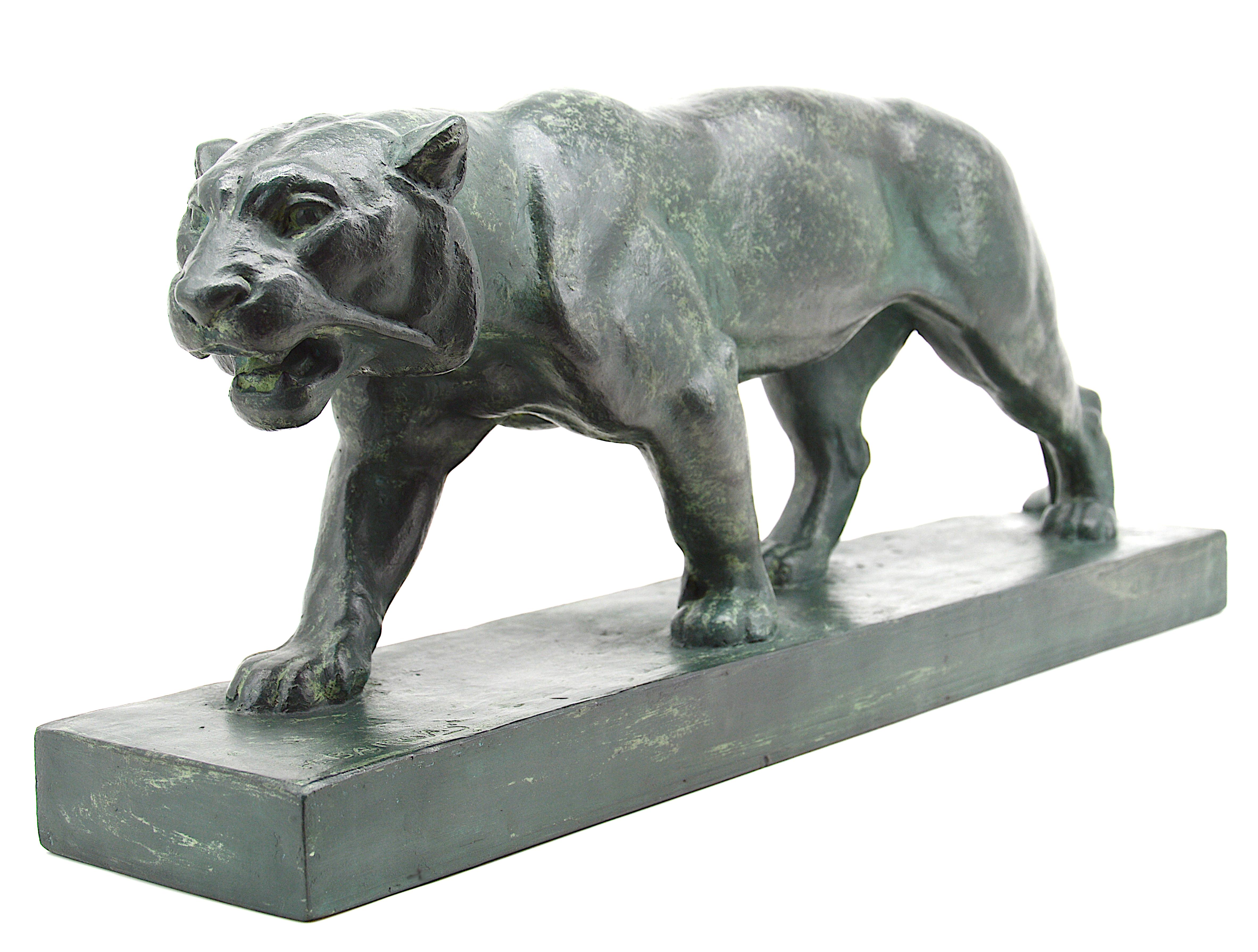 Large French Art Deco terracotta sculpture by Henri Bargas, France, 1930s. Tiger. Measures: Width : 24.4