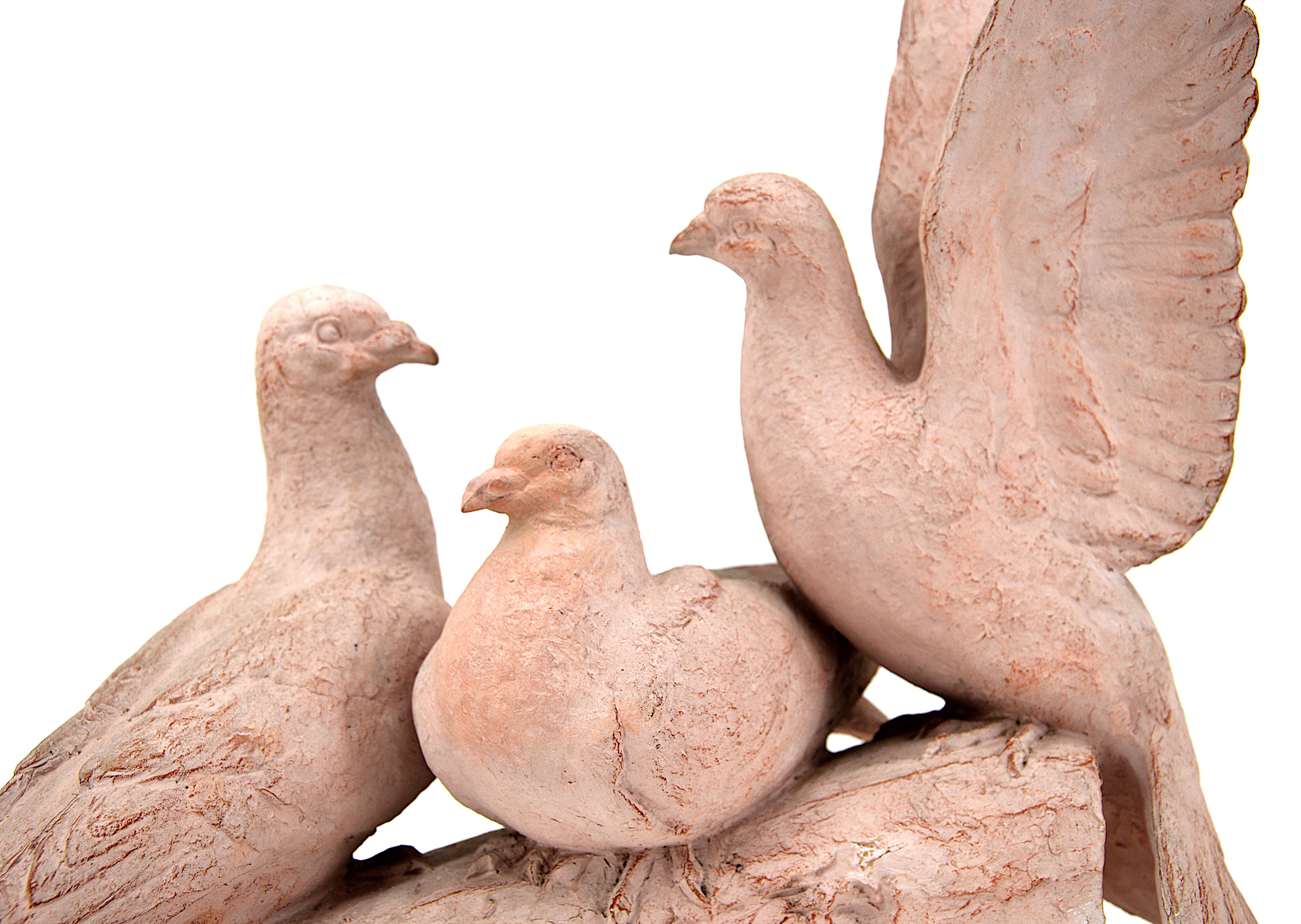 French Art Deco terracotta sculpture by Henri Bargas, France, 1930s. The three doves. Measures: width 17.7