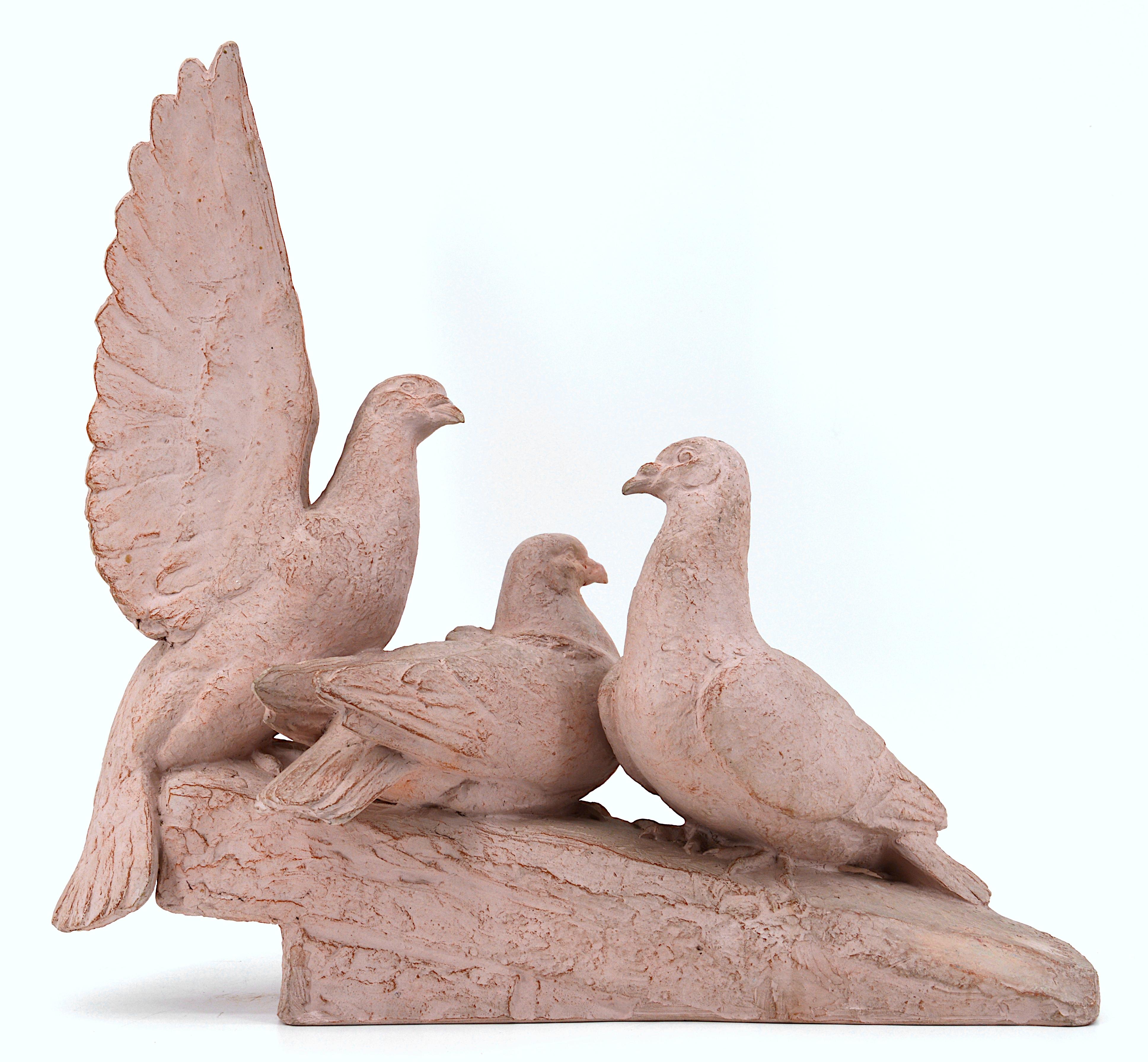 Early 20th Century Henri Bargas, the Three Doves, French Art Deco Terracotta, 1920s For Sale