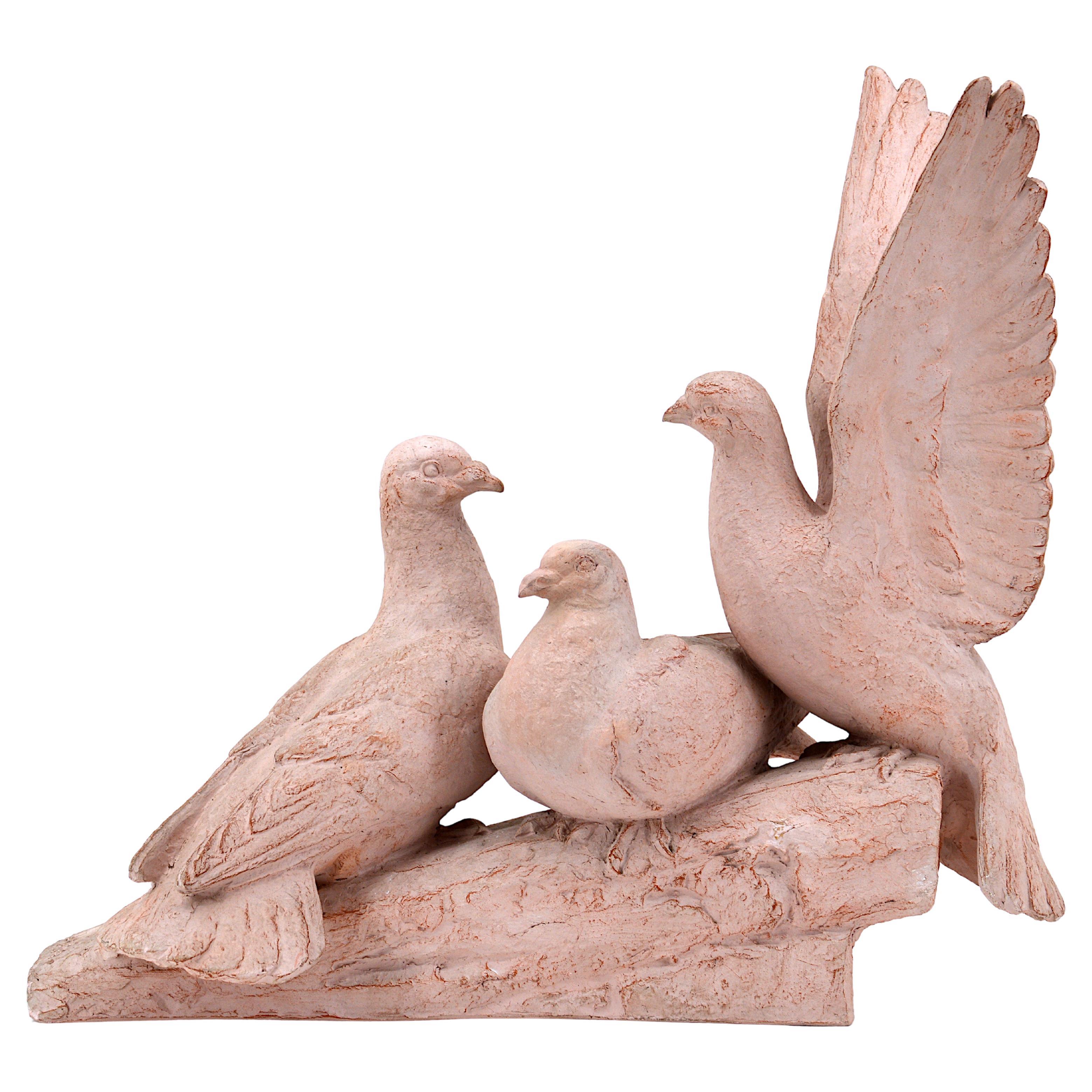 Henri Bargas, the Three Doves, French Art Deco Terracotta, 1920s For Sale