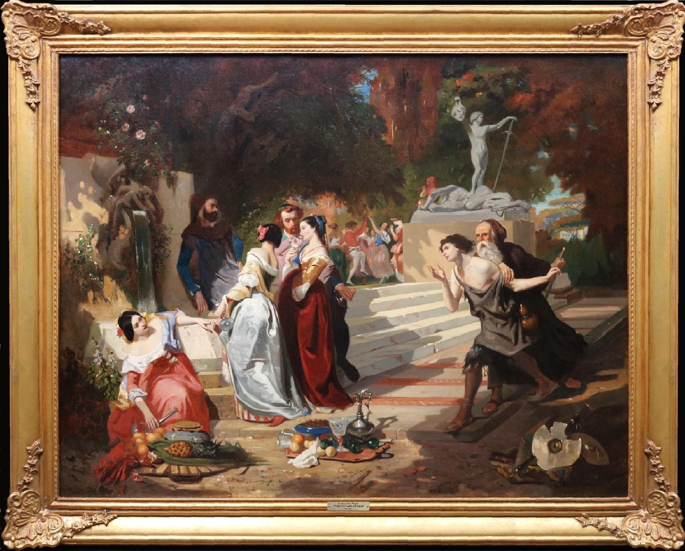 Henri Baron  Figurative Painting - Large 19th Century French Oil Painting. Paris Salon 1845. Jean de la Fontaine.