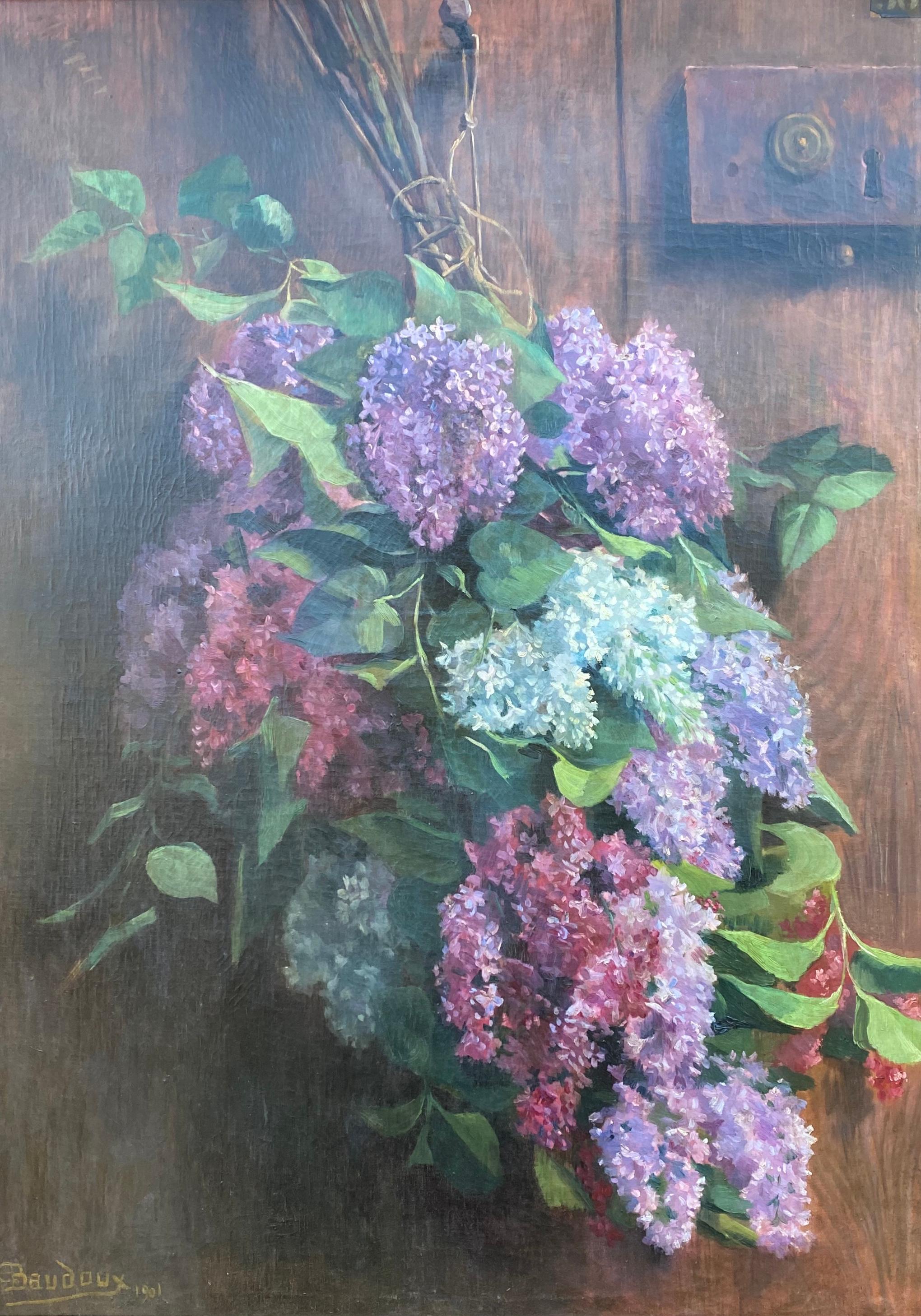 Lilac flowers at the door, 1901 uplifting floral still life large oil on canvas - Painting by Henri Baudoux