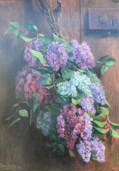 Fliederblüten an der Tür, 1901 Erhebendes Blumenstillleben, groß, Öl auf Leinwand