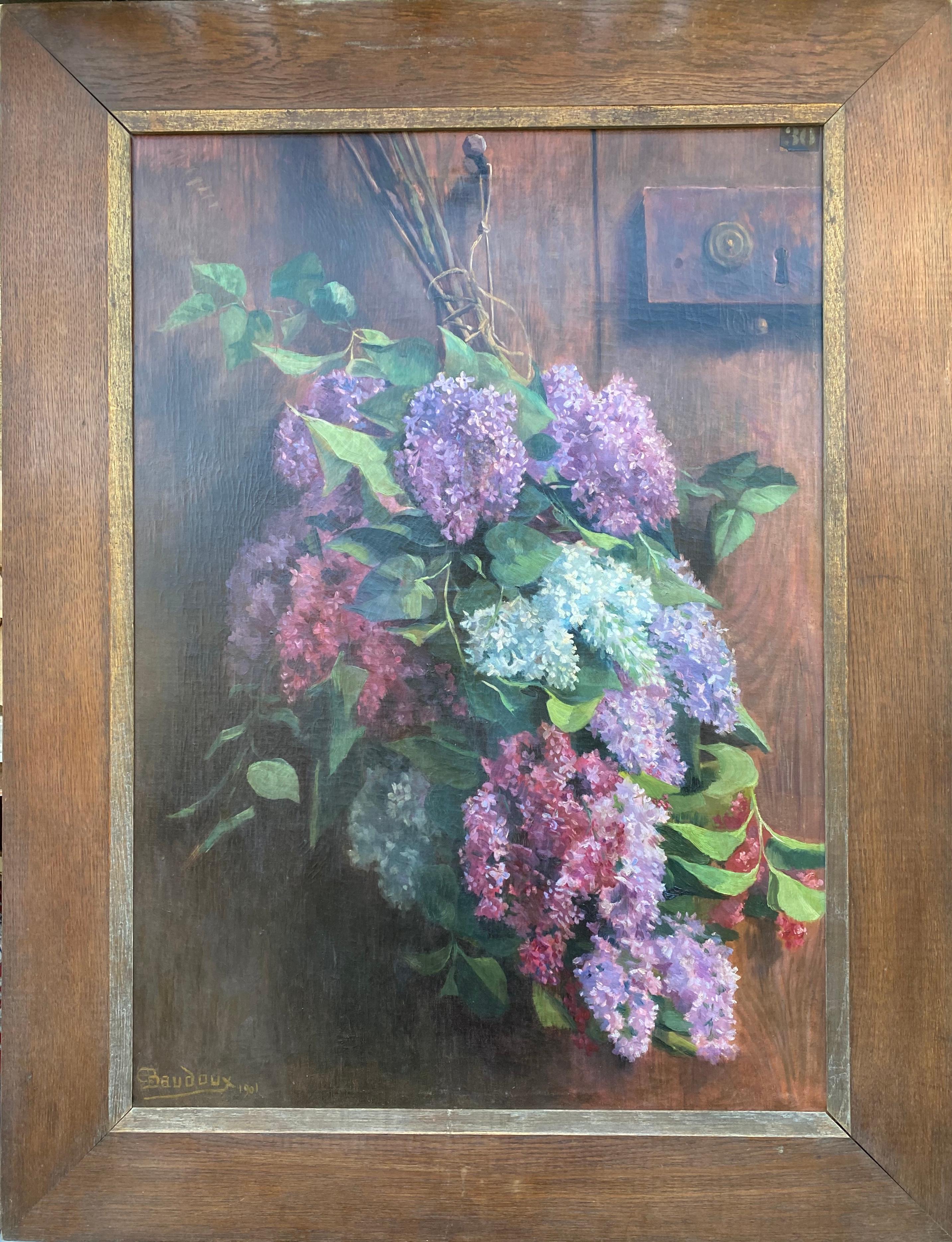 Henri Baudoux Figurative Painting - Lilac flowers at the door, 1901 uplifting floral still life large oil on canvas