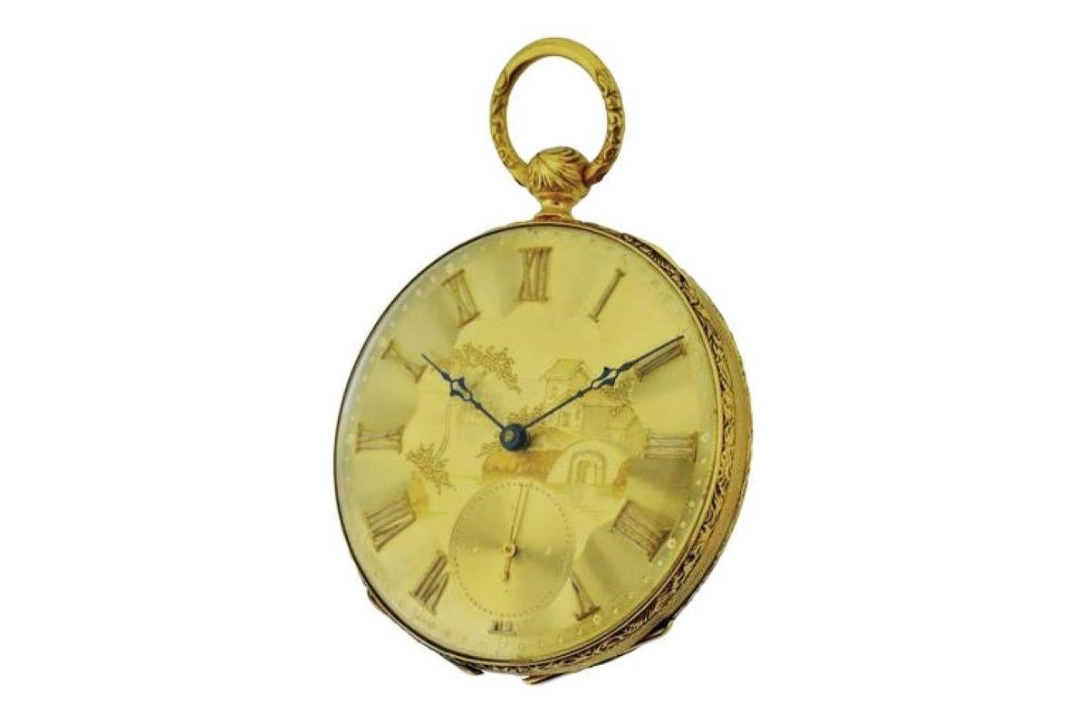 FACTORY / HOUSE: Henri Beguelin
STYLE / REFERENCE: Open Faced Pocket Watch / Breguet Engine Turned Case
METAL / MATERIAL: 18Kt. Solid Yellow Gold
DIMENSIONS: Diameter 44mm
CIRCA: 1840's
MOVEMENT / CALIBER: Keywinding / Lever Escapement /  13