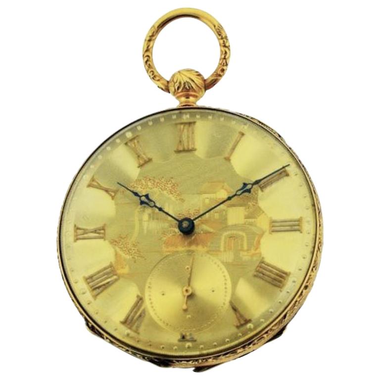 Henri Beguelin 18Kt. Massivgold Hochwertige Schweizer Schlüsselwind-Taschenuhr um 1840 im Angebot