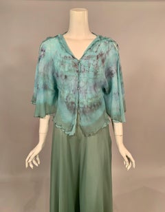 Henri Bendel 1970's Tie Dyed Silk Chiffon Top and Eau de Nil Silk Chiffon Skirt