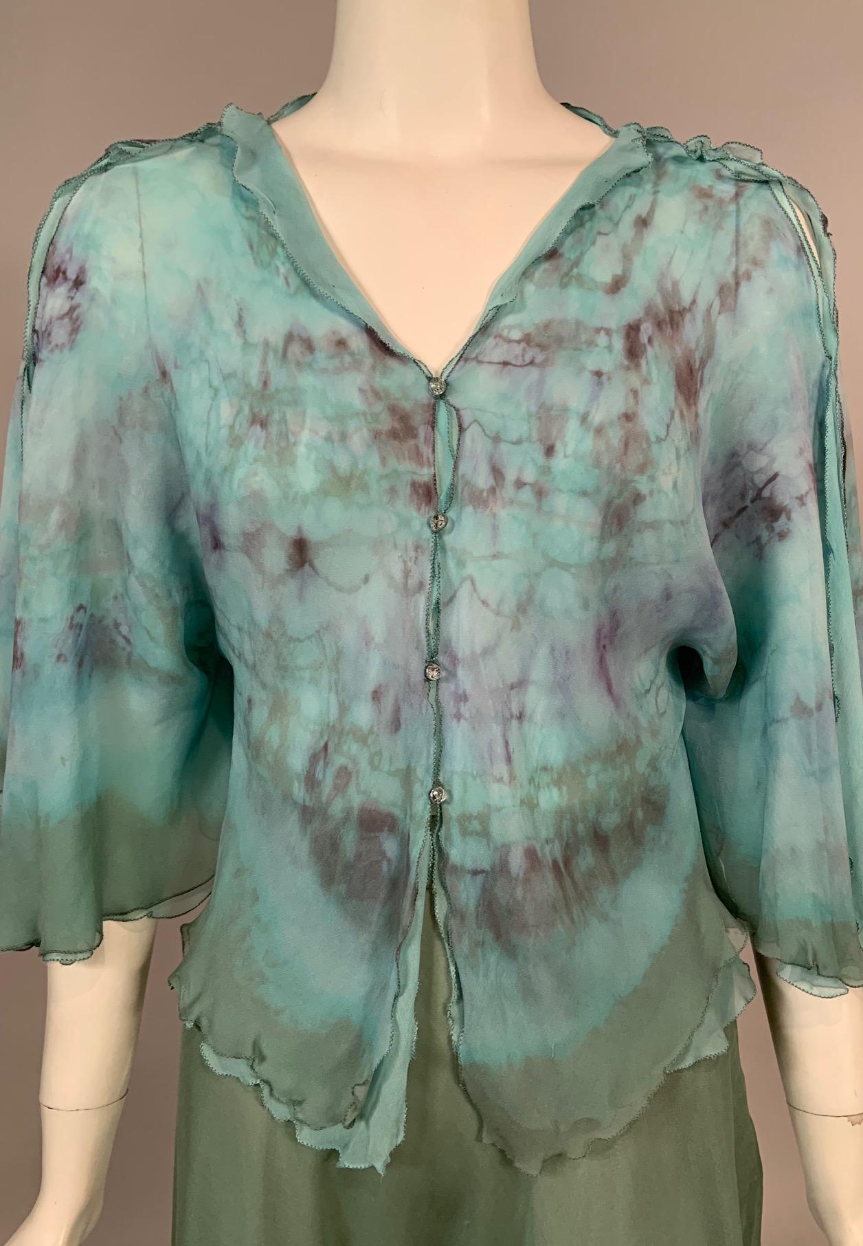 Gray Henri Bendel 1970's Tie Dyed Silk Chiffon Top and Eau de Nil Silk Chiffon Skirt 