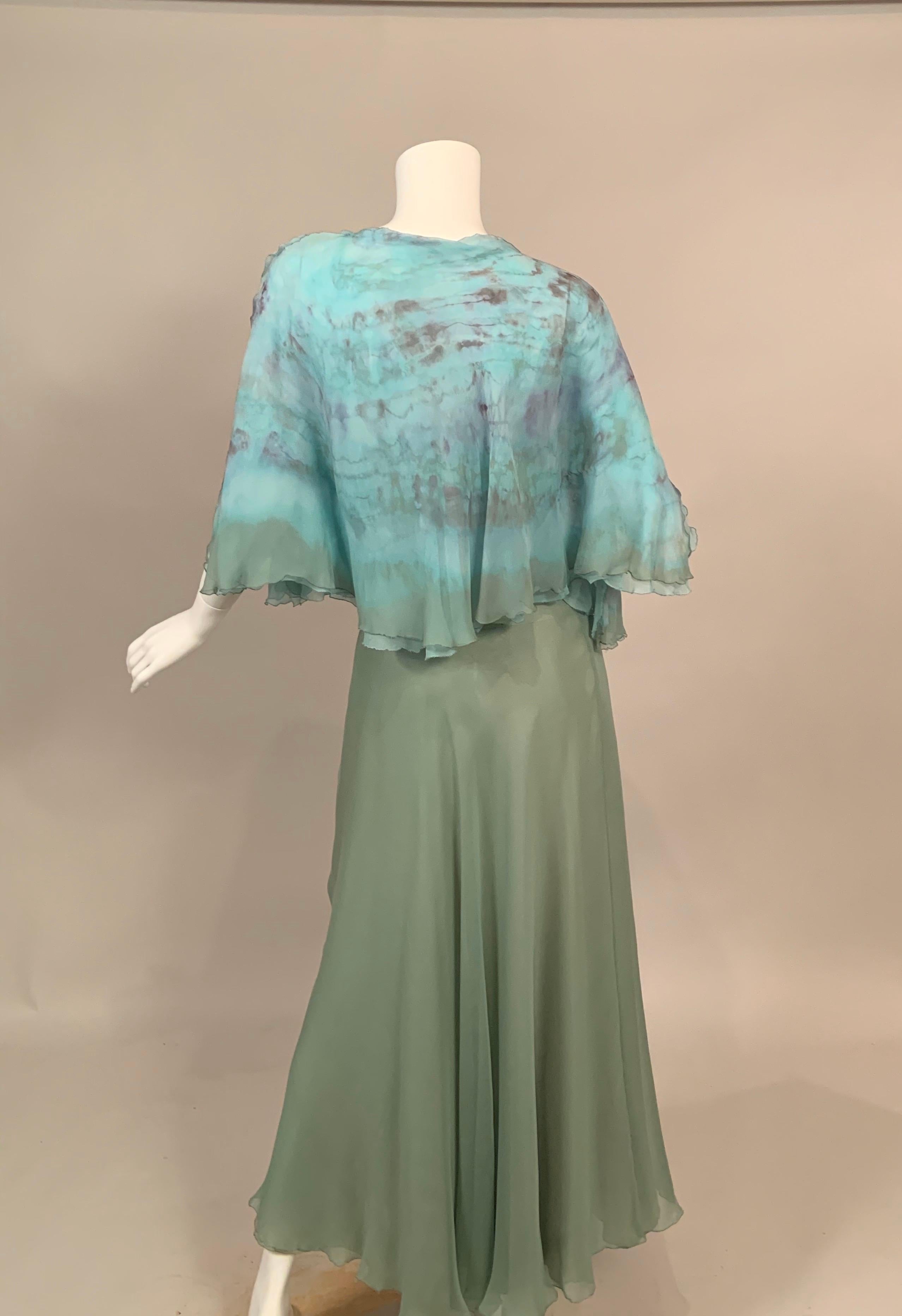 Henri Bendel 1970's Tie Dyed Silk Chiffon Top and Eau de Nil Silk Chiffon Skirt  2