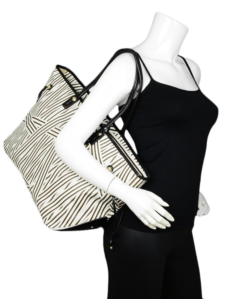 Henri Bendel Brown White Disturb Stripe Coated Canvas Tote Bag For Sale