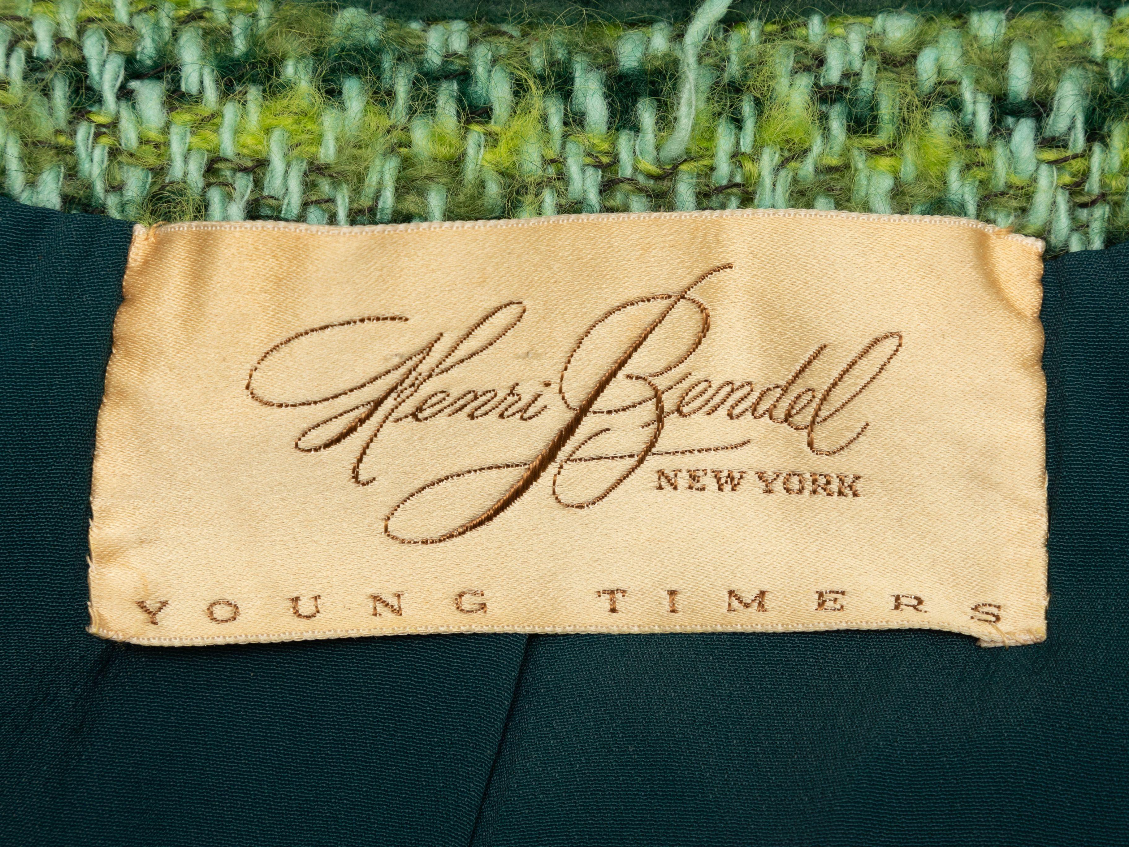 Product Details: green tweed blazer by Henri Bendel. Velvet collar. Notched lapel. Gold-tone button closures at front. 36