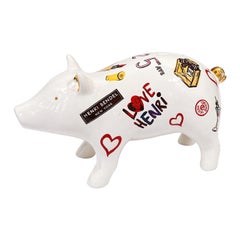 Henri Bendel New York Ceramic Piggy Bank, “Love Henri” NYC Motif, Gold Accents