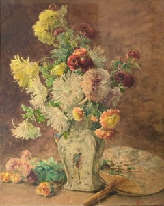 "Still Life with Vase of Flowers" Large Watercolor Signed French School