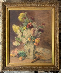 "Natura Morta con Vaso di Fiori" Grande Acquarello Firmato Scuola Francese