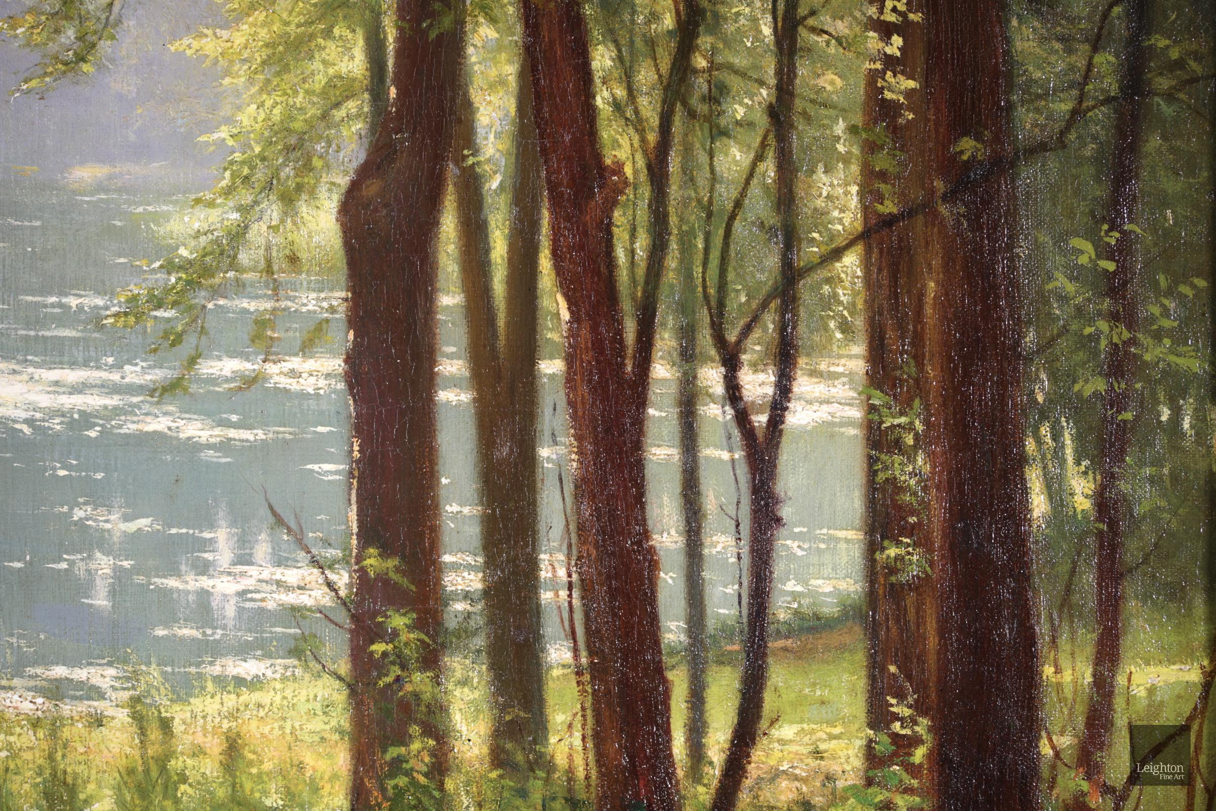 Nenuphars sur un lac - Realist Oil, Lake and Trees in Landscape by Henri Biva 1
