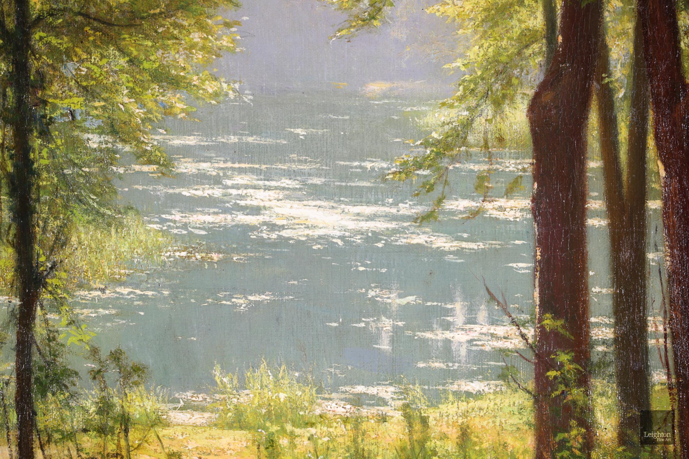Nenuphars sur un lac - Realist Oil, Lake and Trees in Landscape by Henri Biva 2