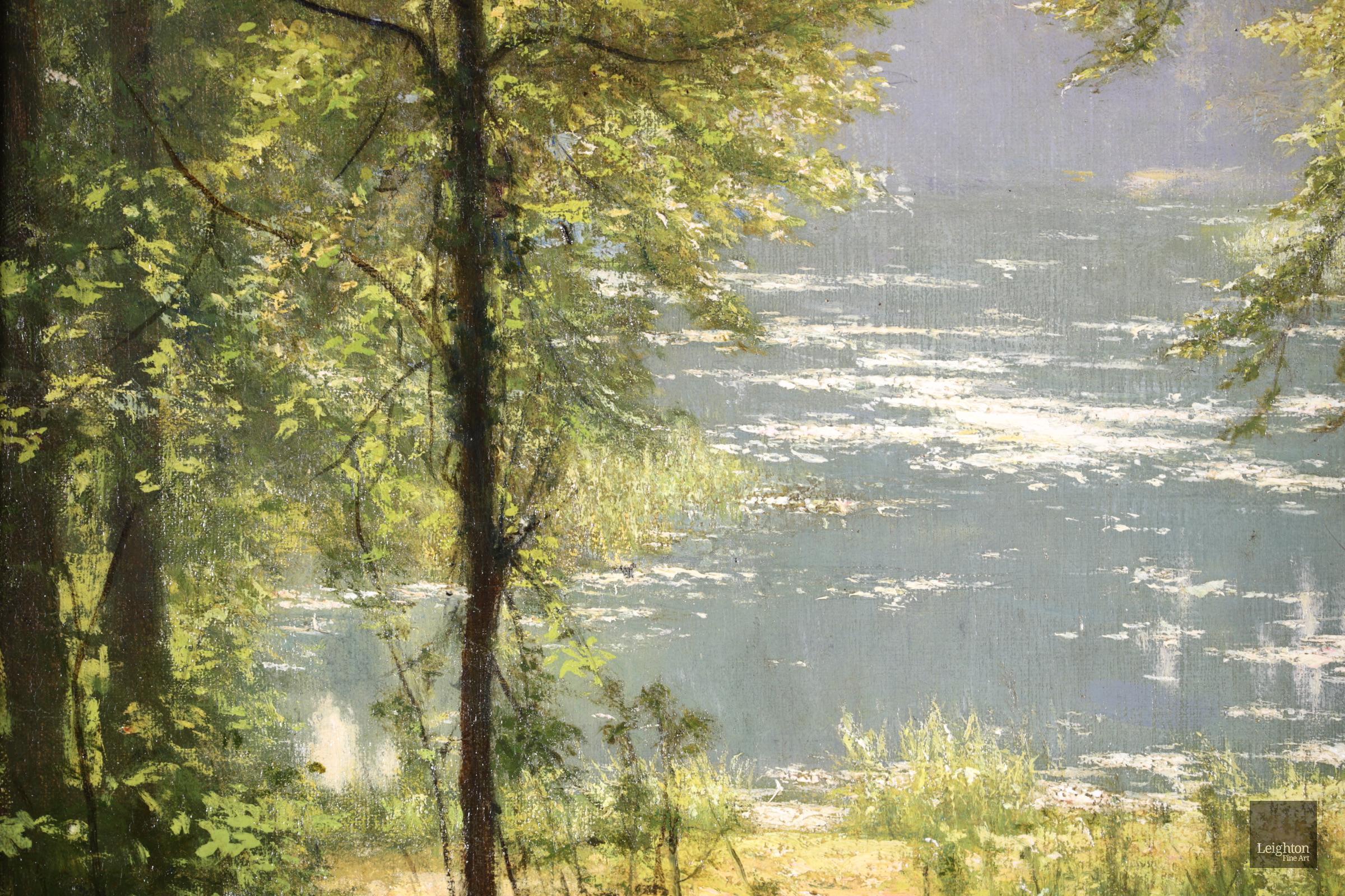Nenuphars sur un lac - Realist Oil, Lake and Trees in Landscape by Henri Biva 3